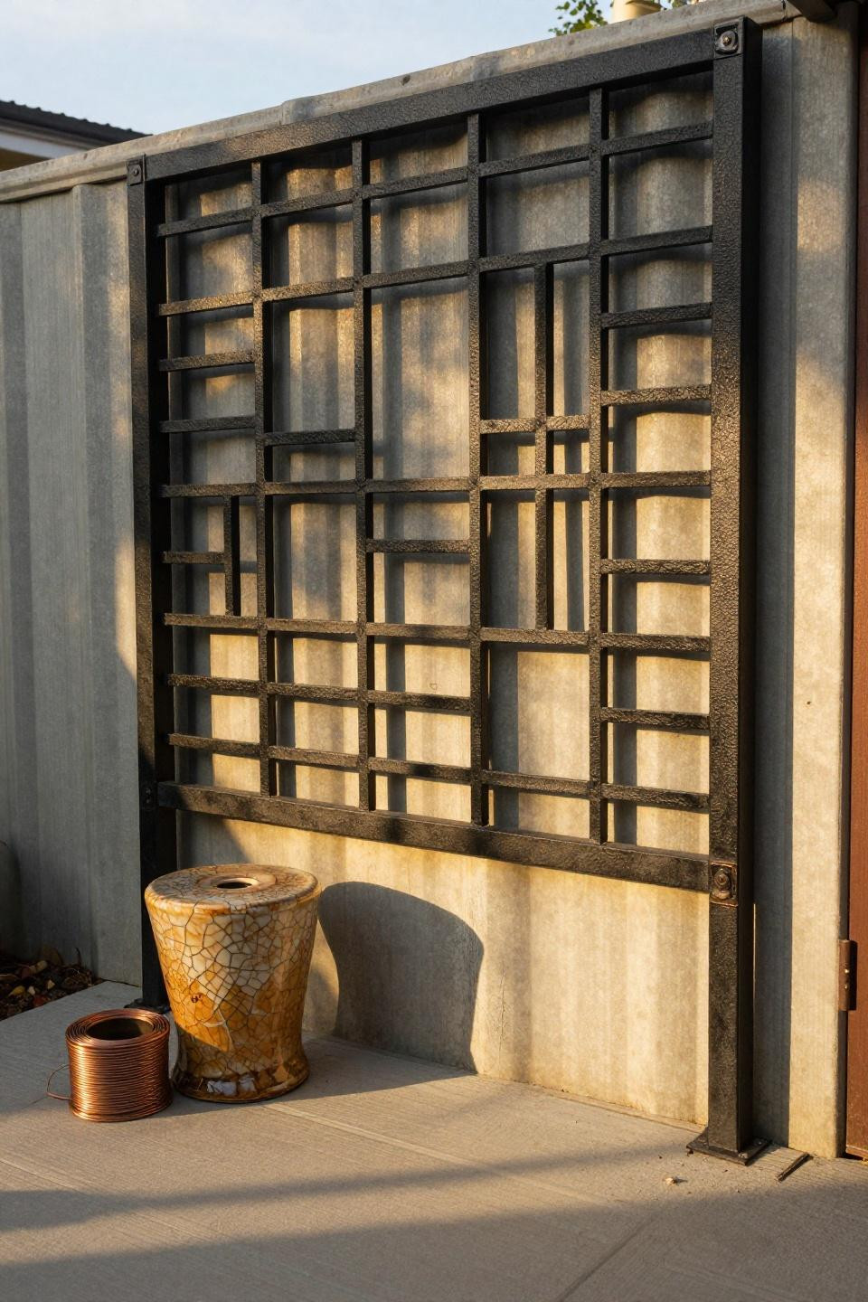 Blackened metal lattice fence topper with geometric openwork adding privacy