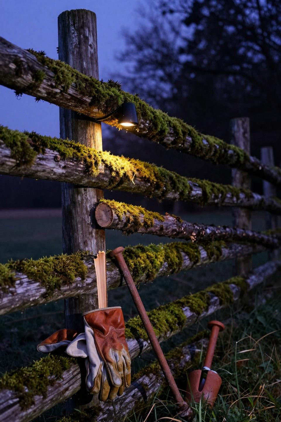 Rustic split-rail fence with moss-covered branches creating natural privacy wall