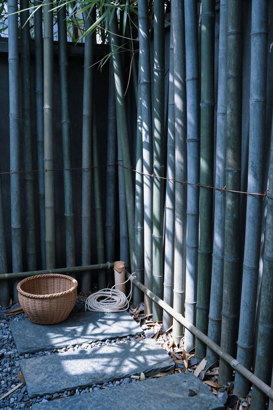 Dense bamboo screen wall creating instant neighbor privacy in small backyard