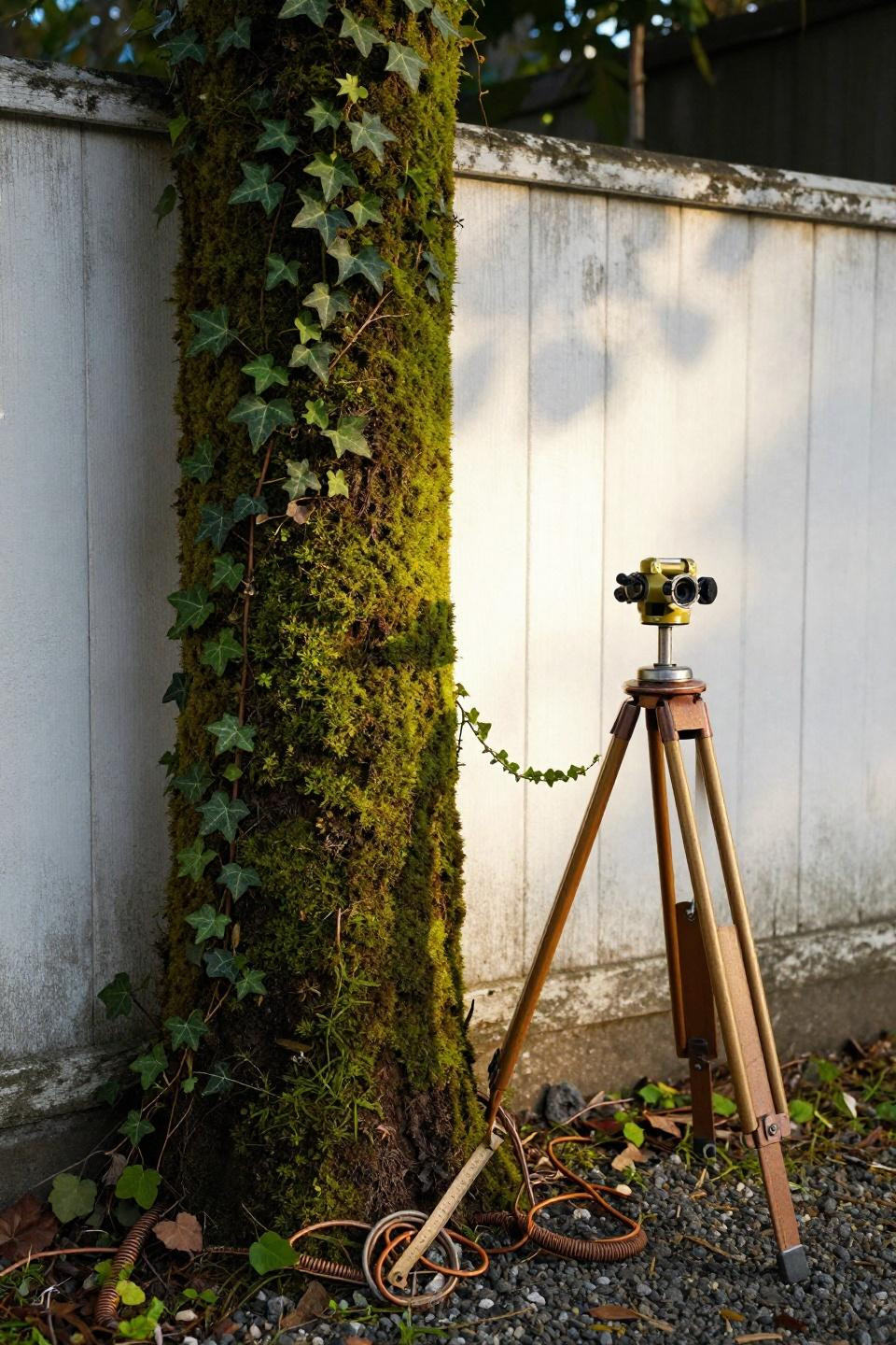 Tall moss pole system with climbing ivy creating organic privacy barrier