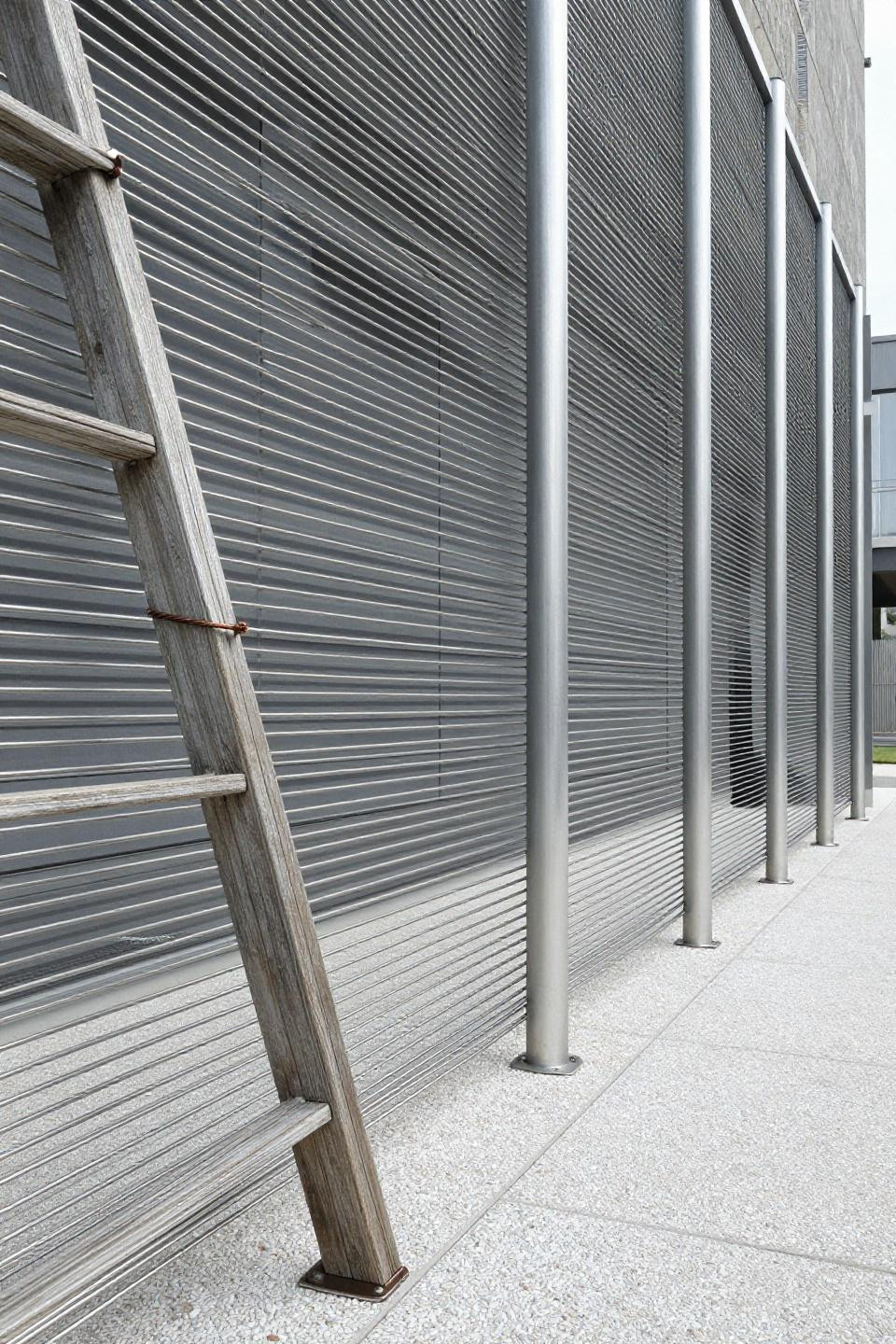 Modern horizontal steel cable privacy screen for backyard landscaping
