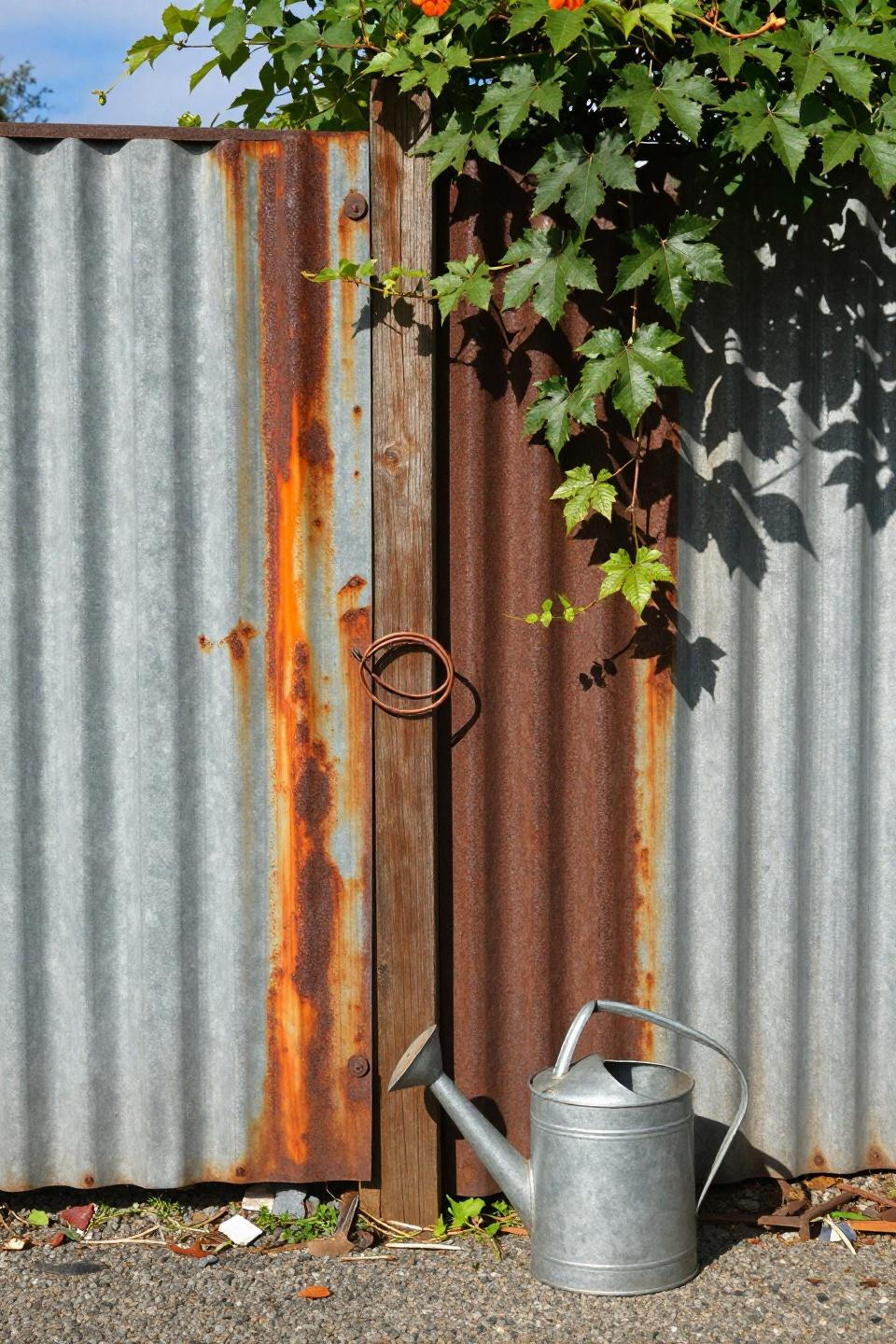 Backyard privacy ideas with weathered corrugated metal fence and climbing vines