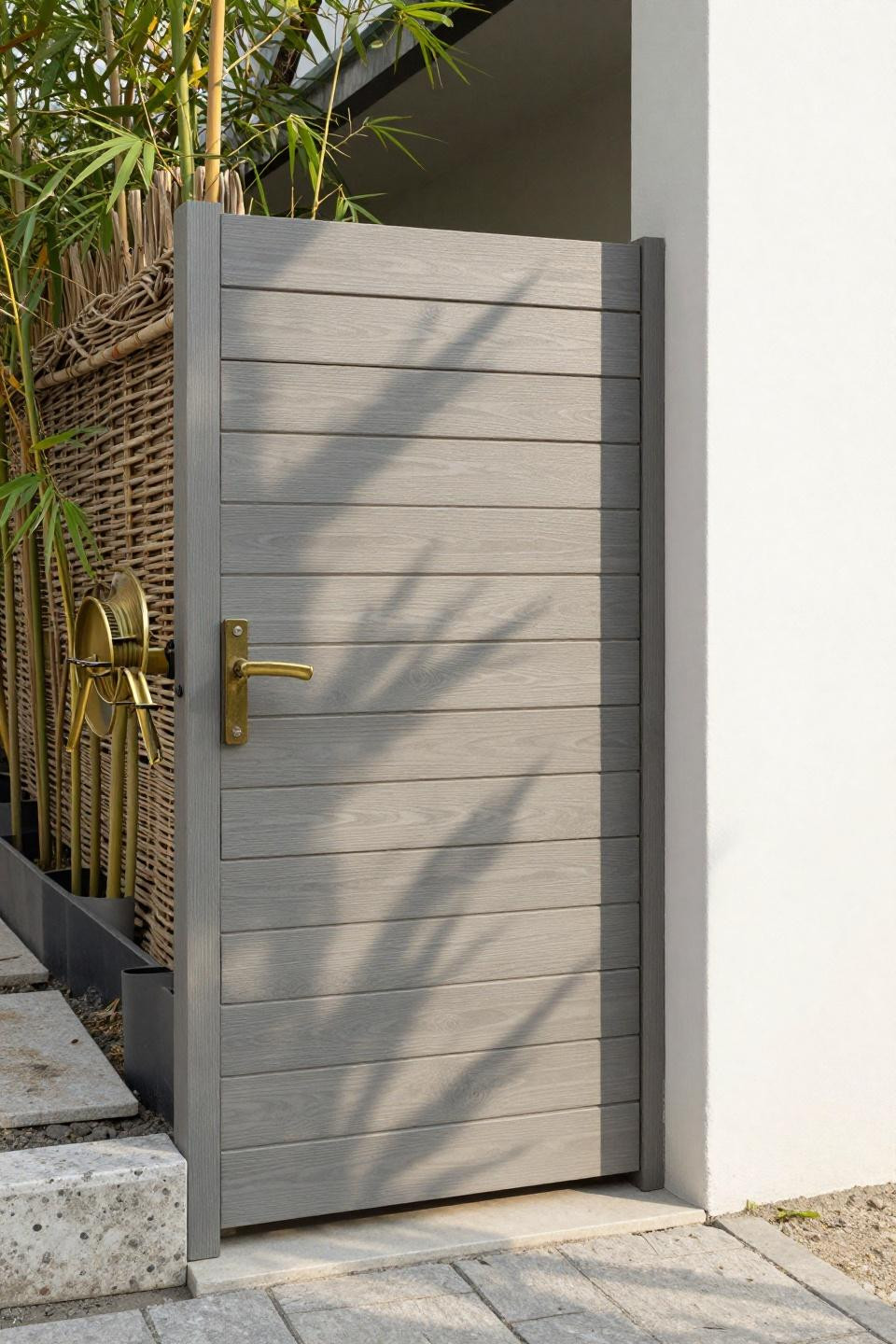 Porch privacy wall with stacked horizontal wood slats in ash-grey