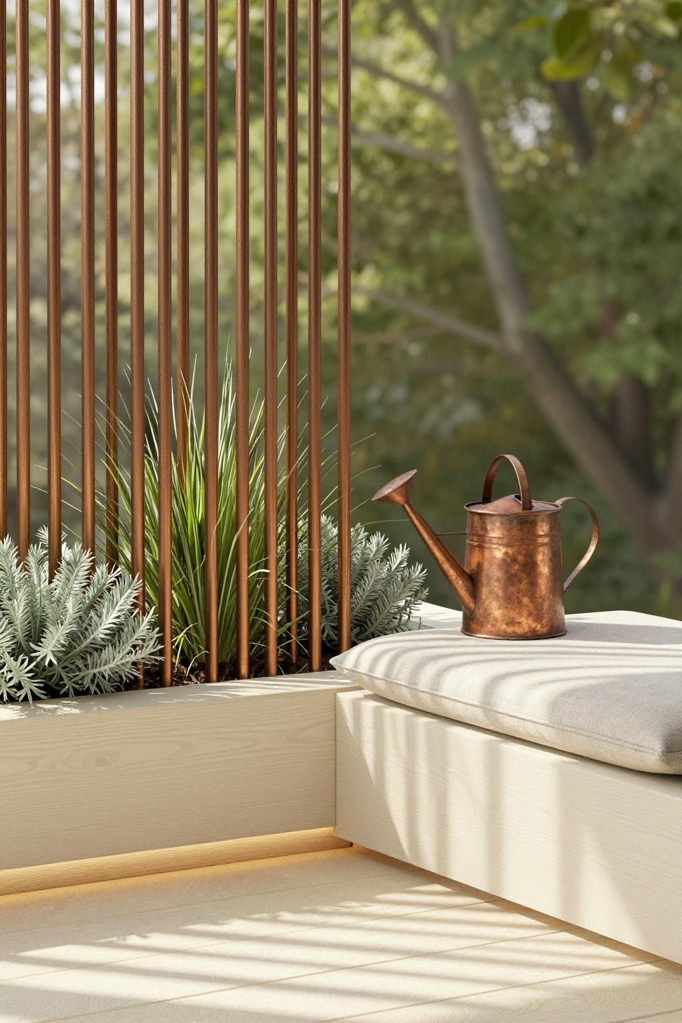 Patio privacy wall with modern vertical steel rod screen