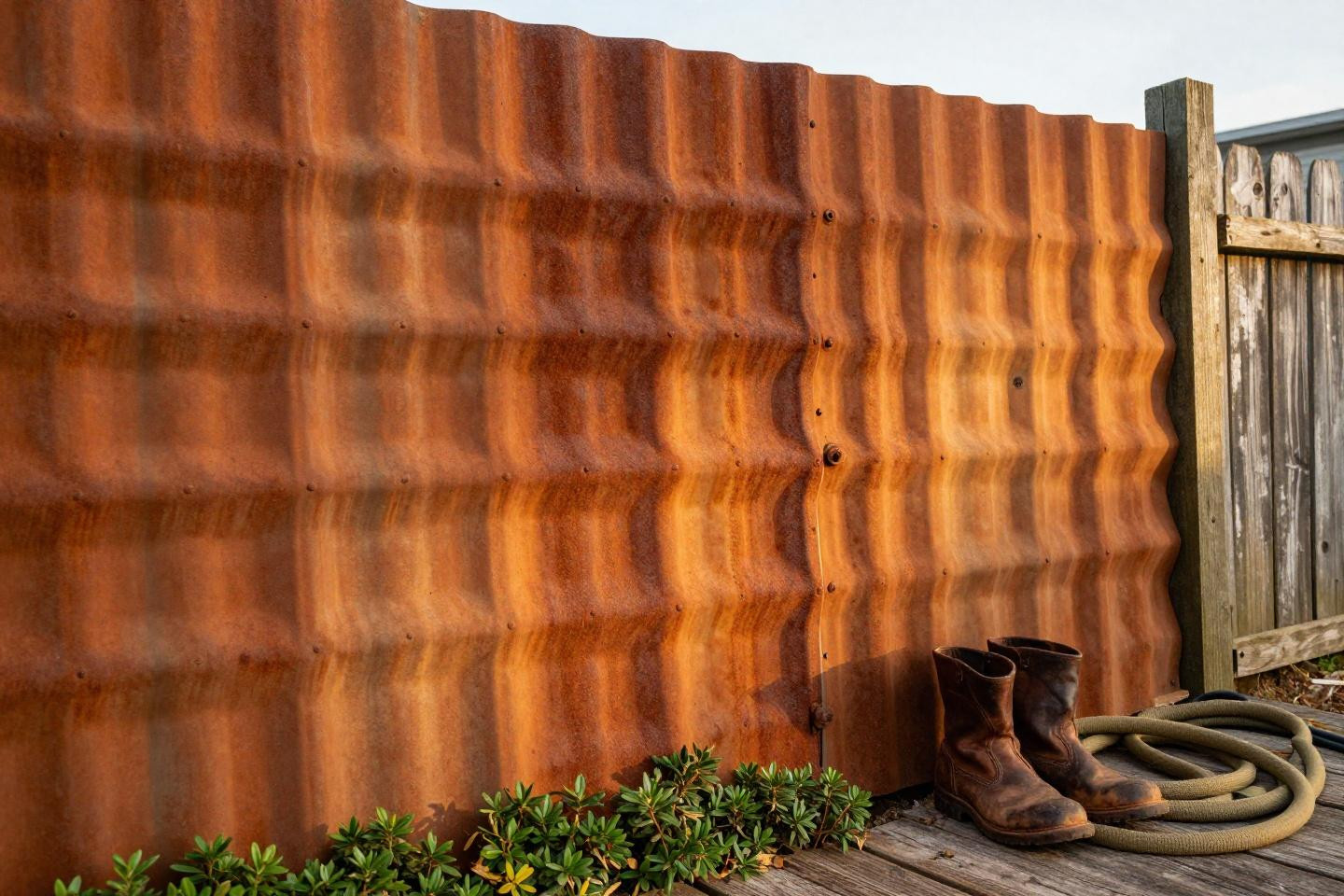 Porch privacy ideas with salvaged corrugated metal barrier