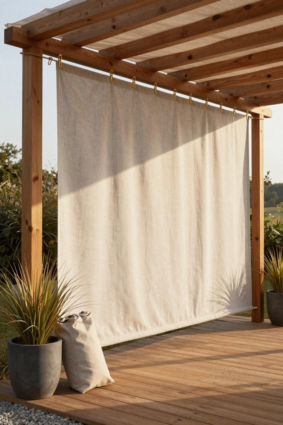 Deck privacy panels with tensioned dove-grey linen-blend fabric
