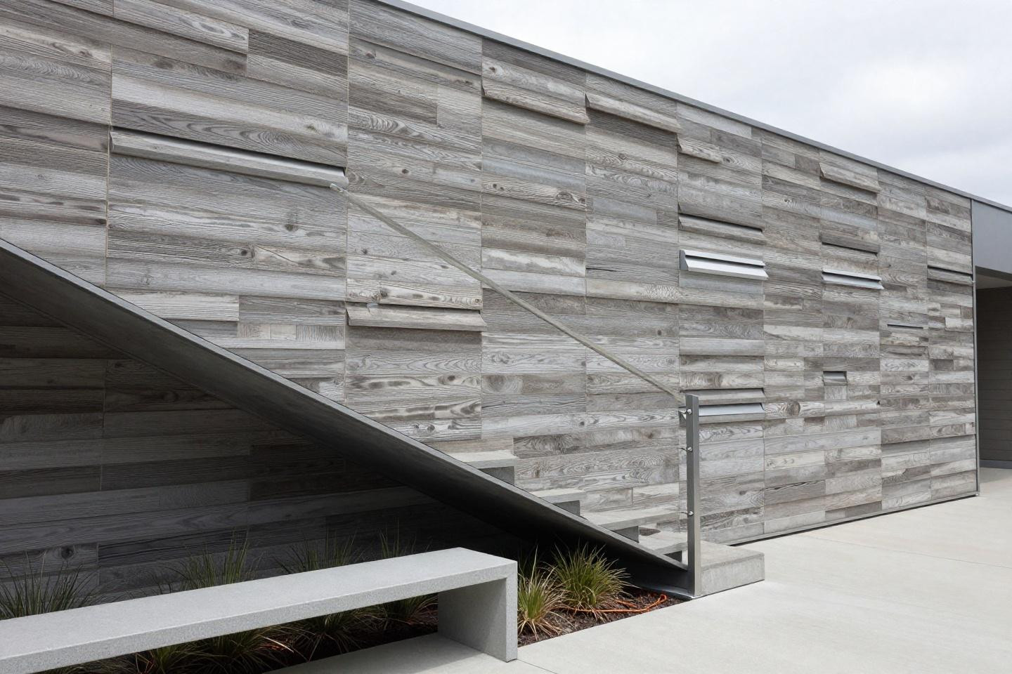 Outside privacy wall ideas with horizontal louvered ipe panels