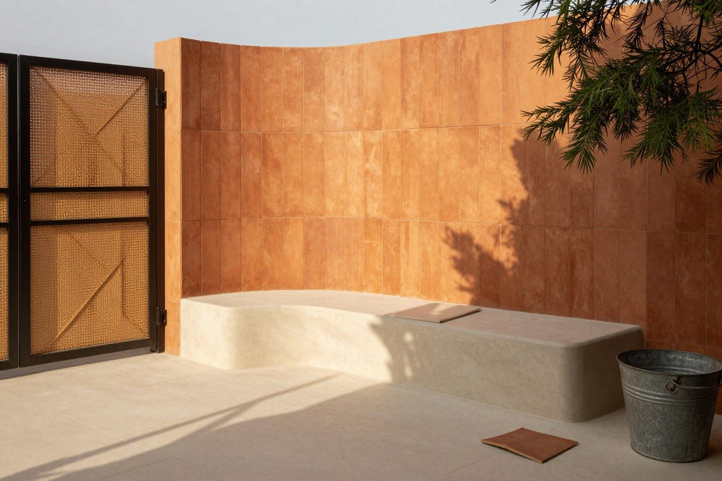 Outdoor privacy ideas inexpensive with curved terracotta clay-tile wall