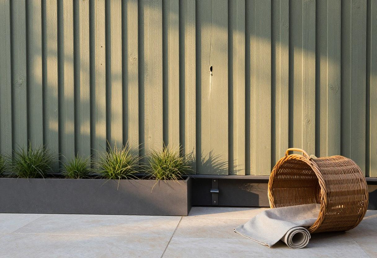 Privacy screen outdoor deck with weathered sage-green cedar slats