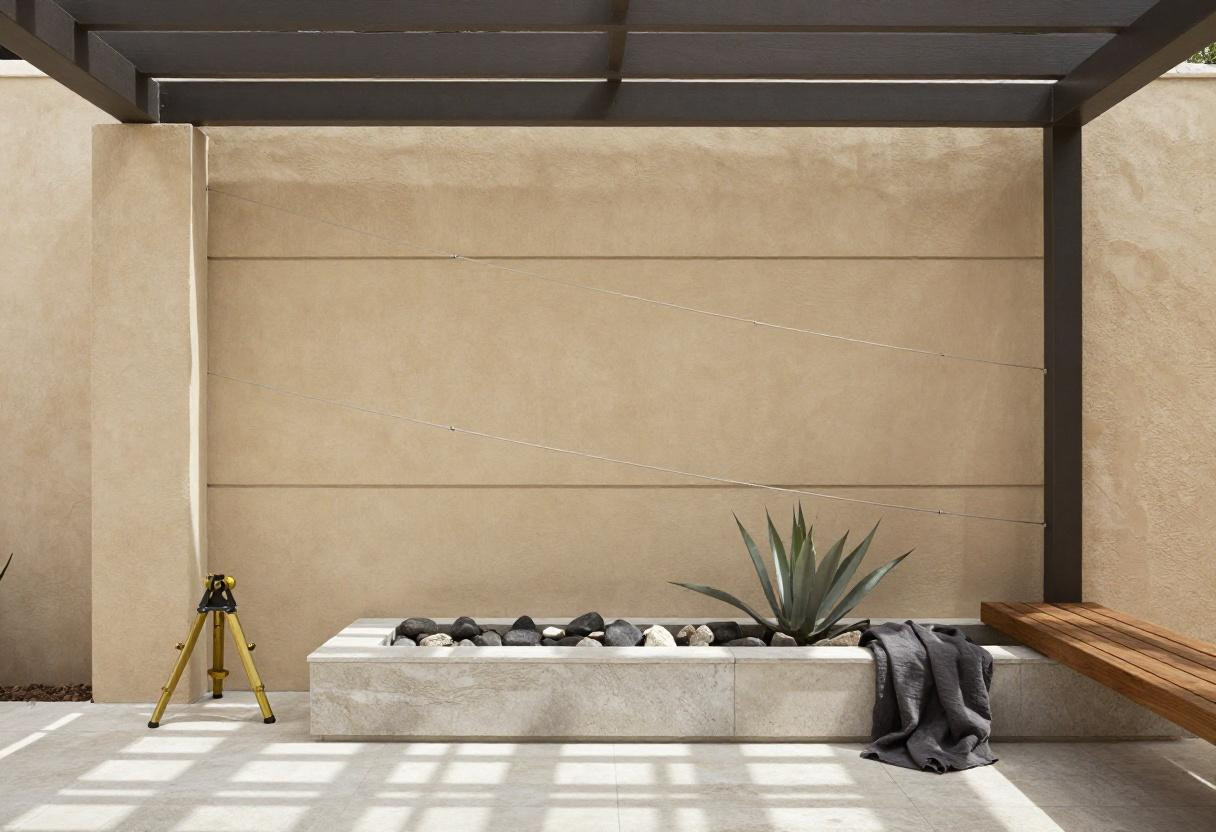 Porch privacy wall with horizontal composite panels and cable hardware