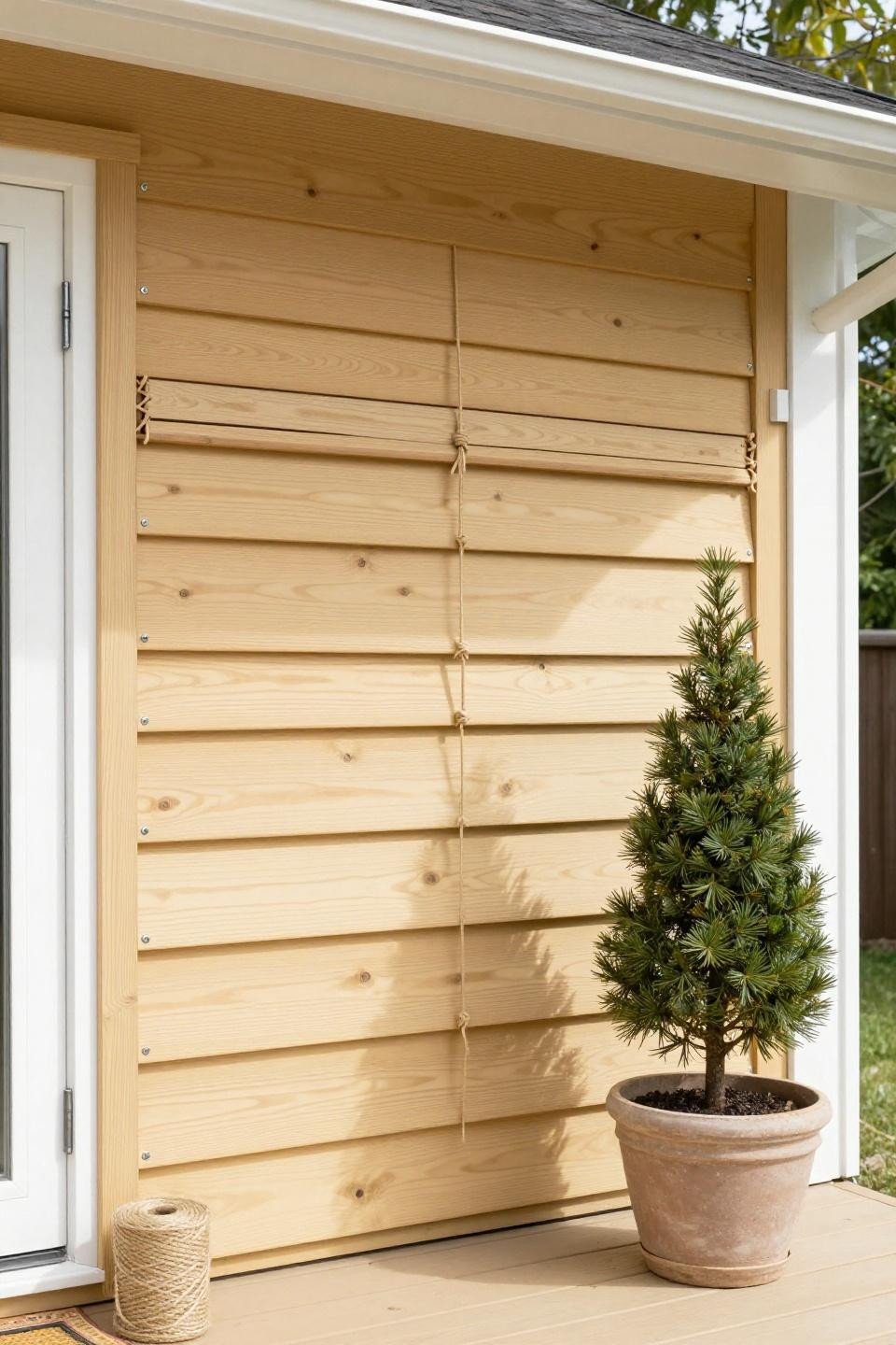 Patio privacy wall with DIY twine-and-cedar lattice