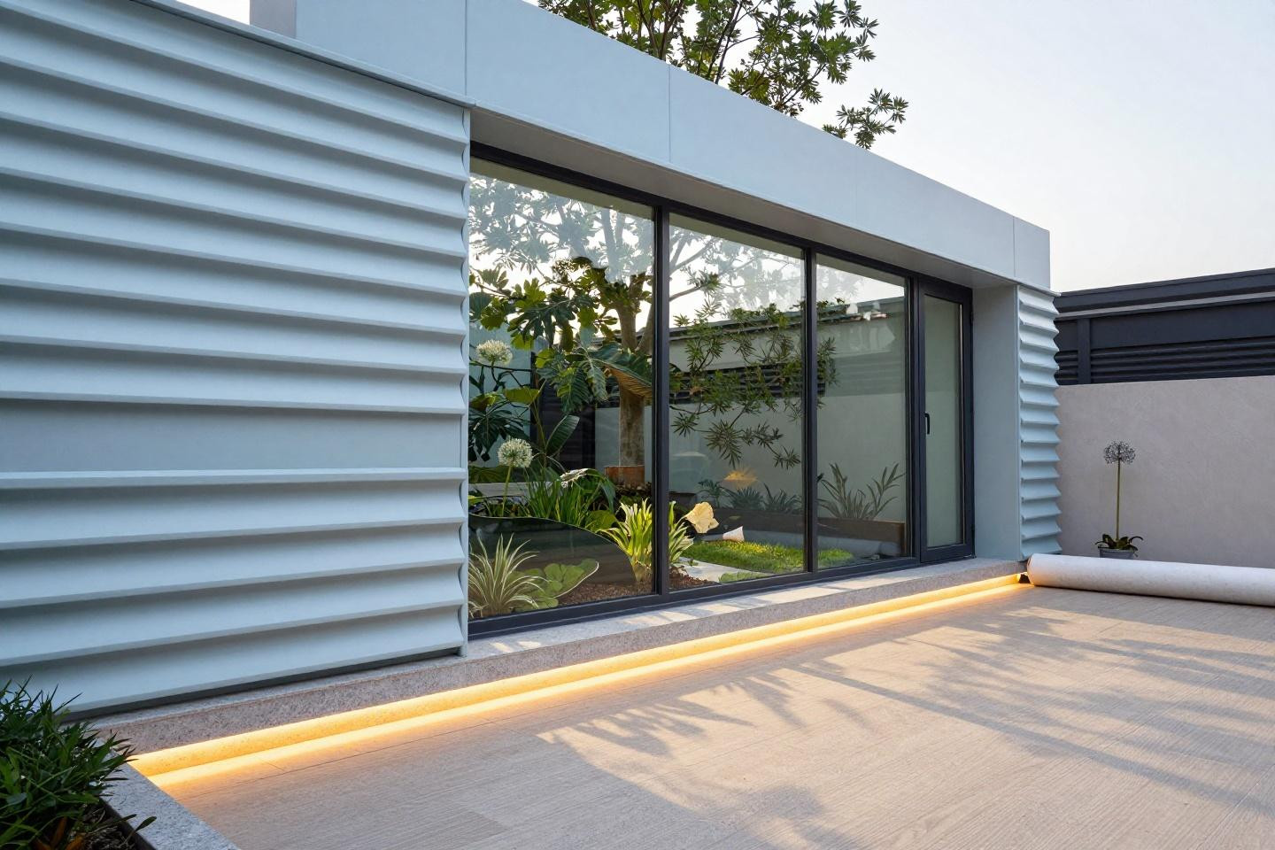 Deck privacy panels with horizontal aluminum slats and glass inserts
