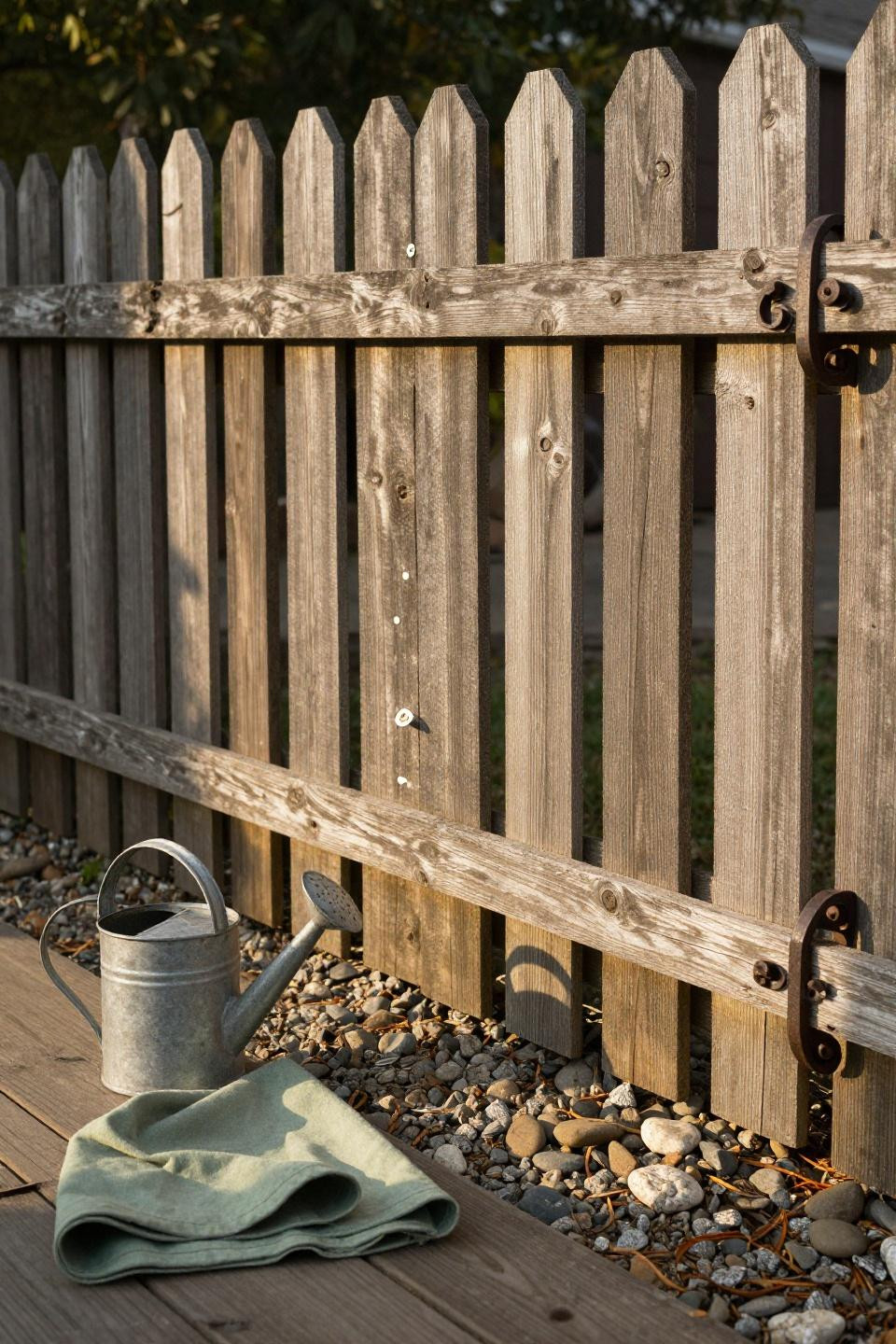 Back patio ideas with rustic split-rail fence and iron brackets