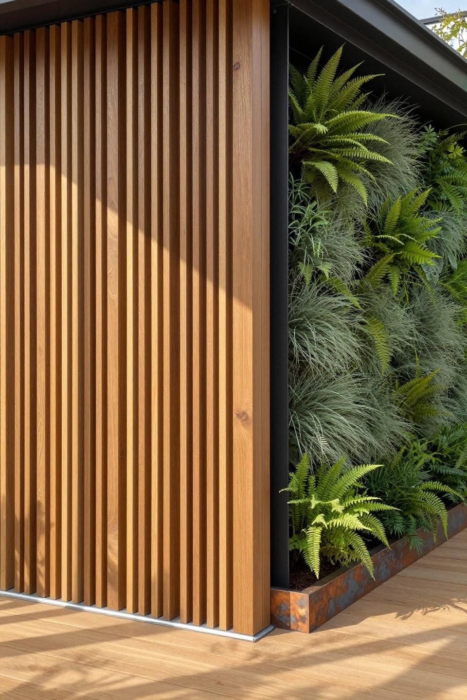 Diy patio privacy ideas with natural teak slat wall and fern living wall