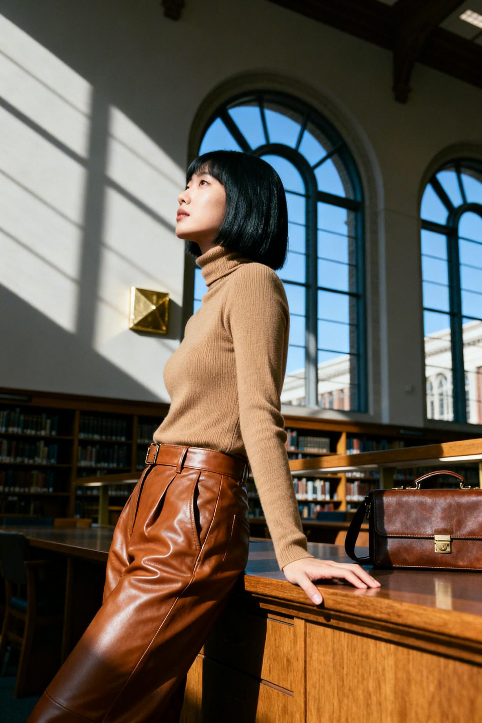 Dressed Up Leggings Outfit - camel turtleneck cognac leather