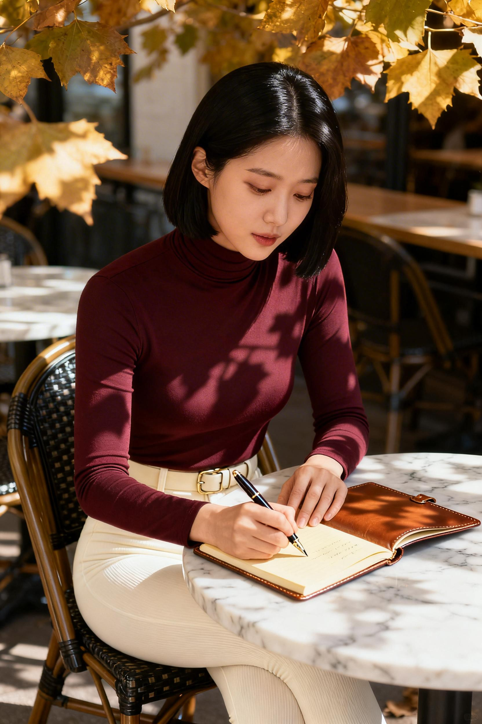 Chic Leggings Outfit - burgundy turtleneck cream leggings