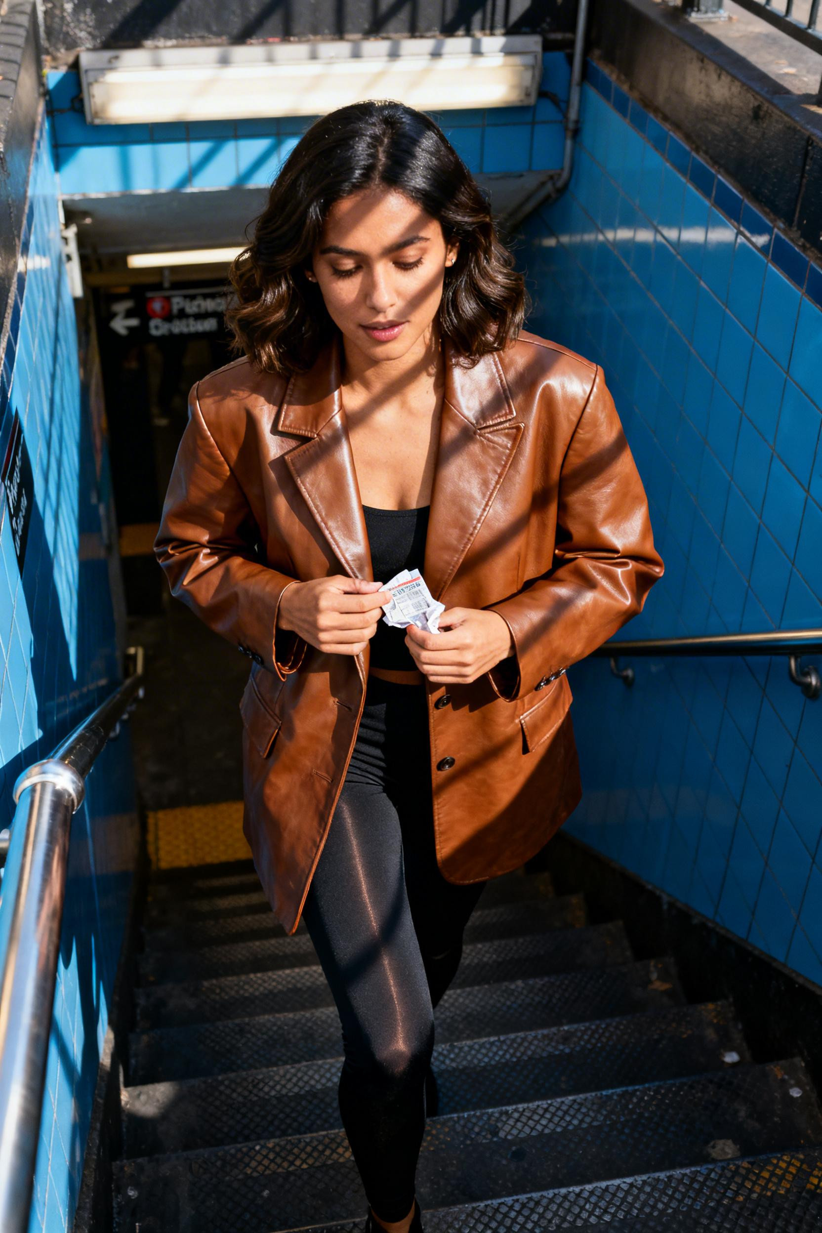 Smart Casual Work Outfit Women - cognac leather blazer