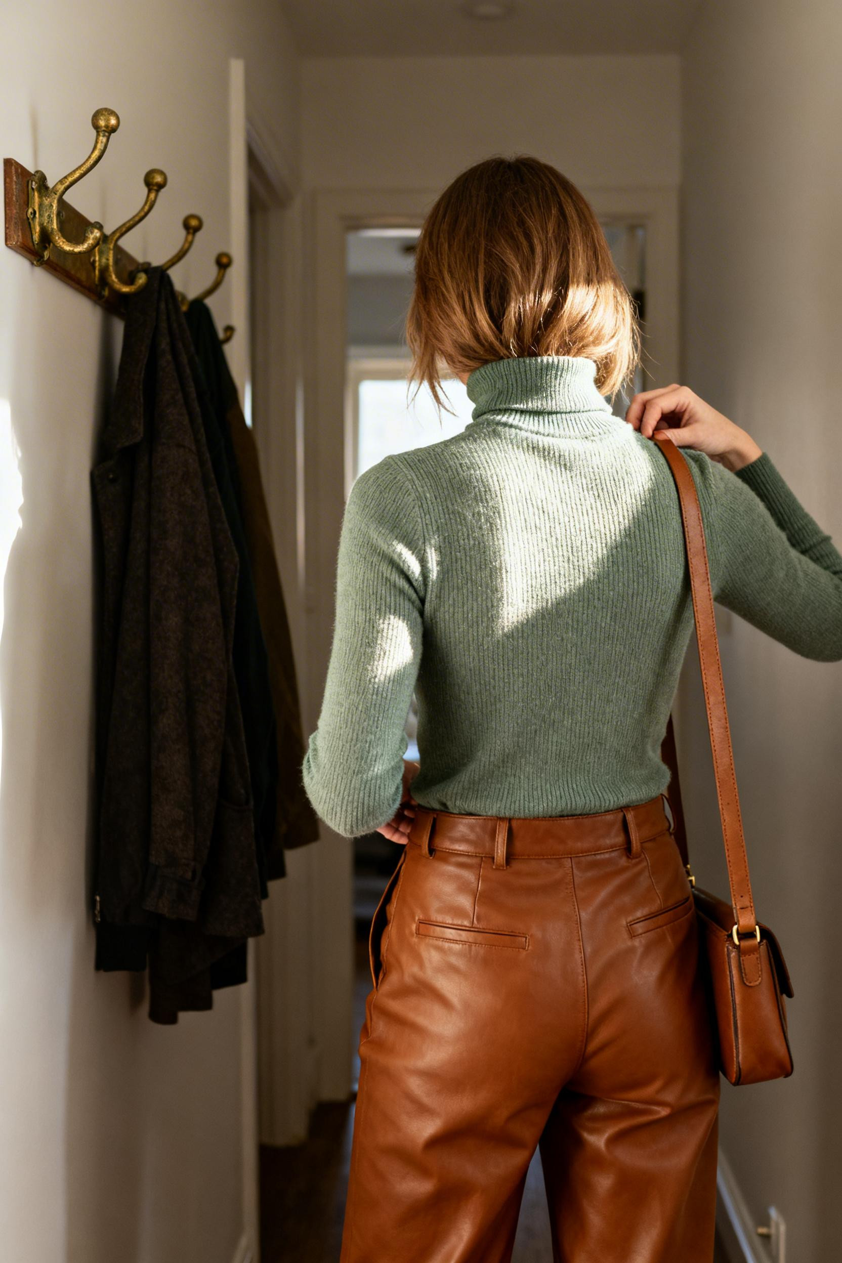 Business Professional Outfits - sage turtleneck cognac trousers