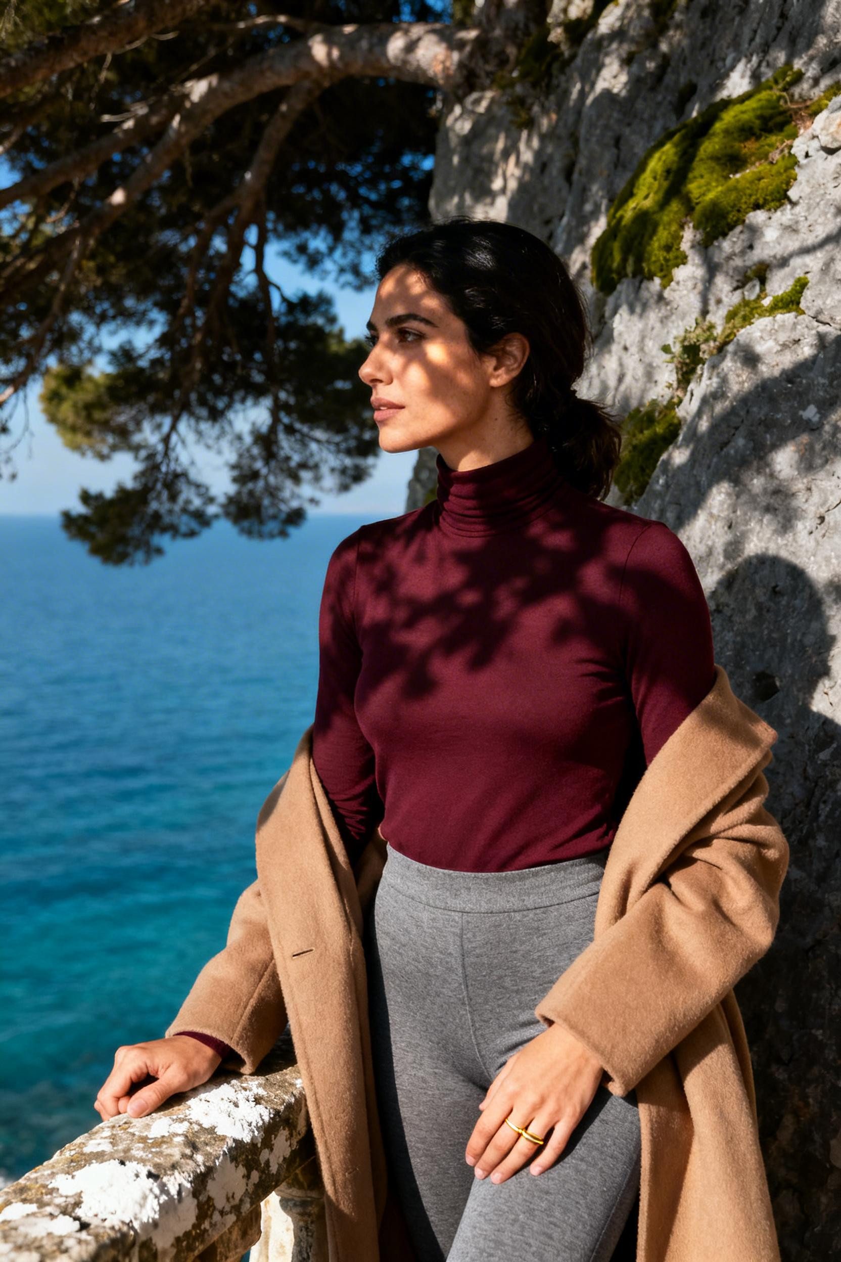 Chic Leggings Outfit - burgundy turtleneck stone leggings