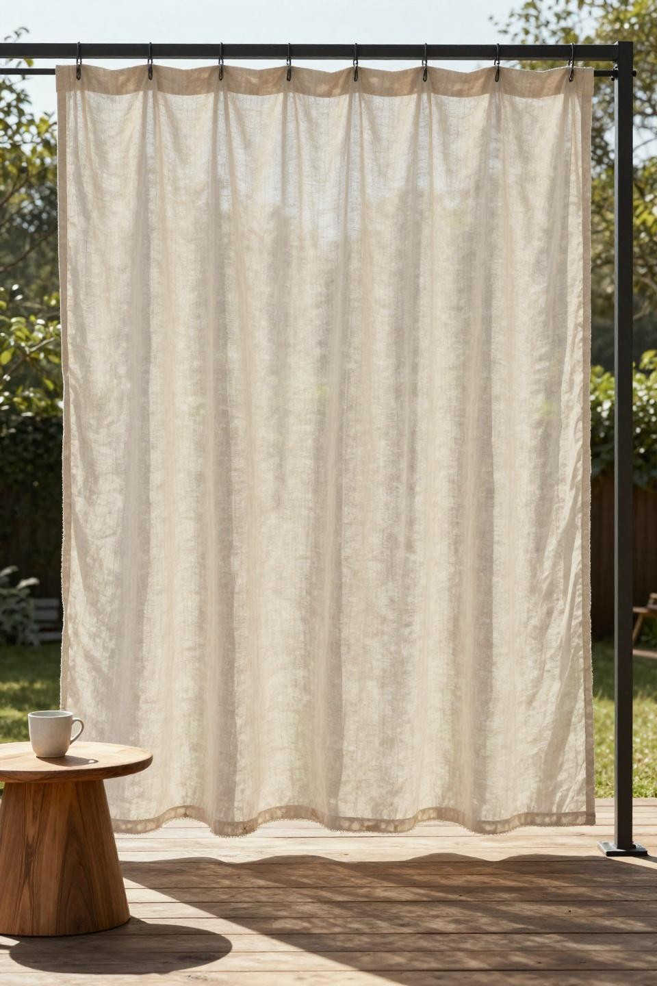 pergola patio with sage linen outdoor curtains on blackened steel rods