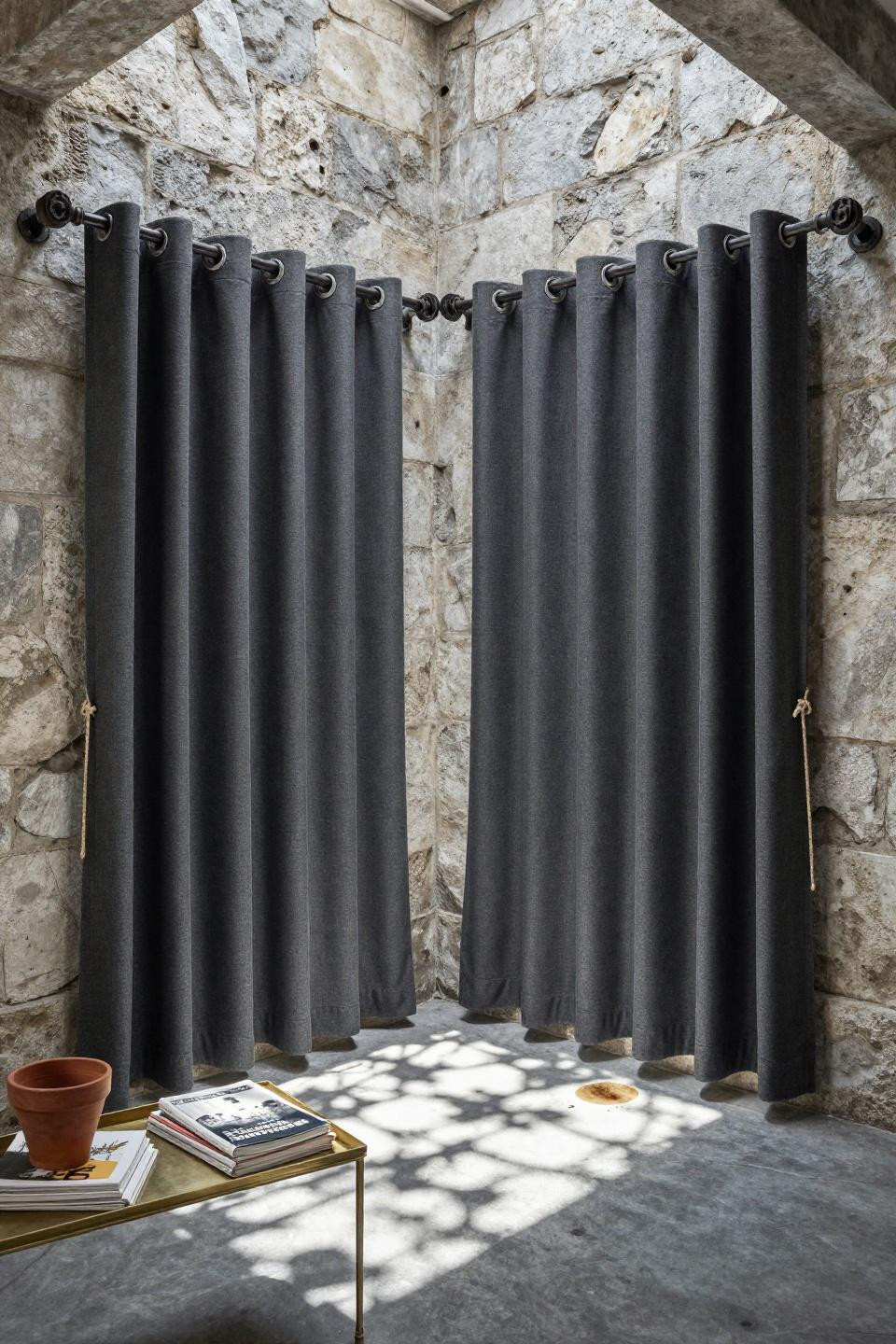 patio curtain ideas with charcoal canvas drapes tied with jute rope