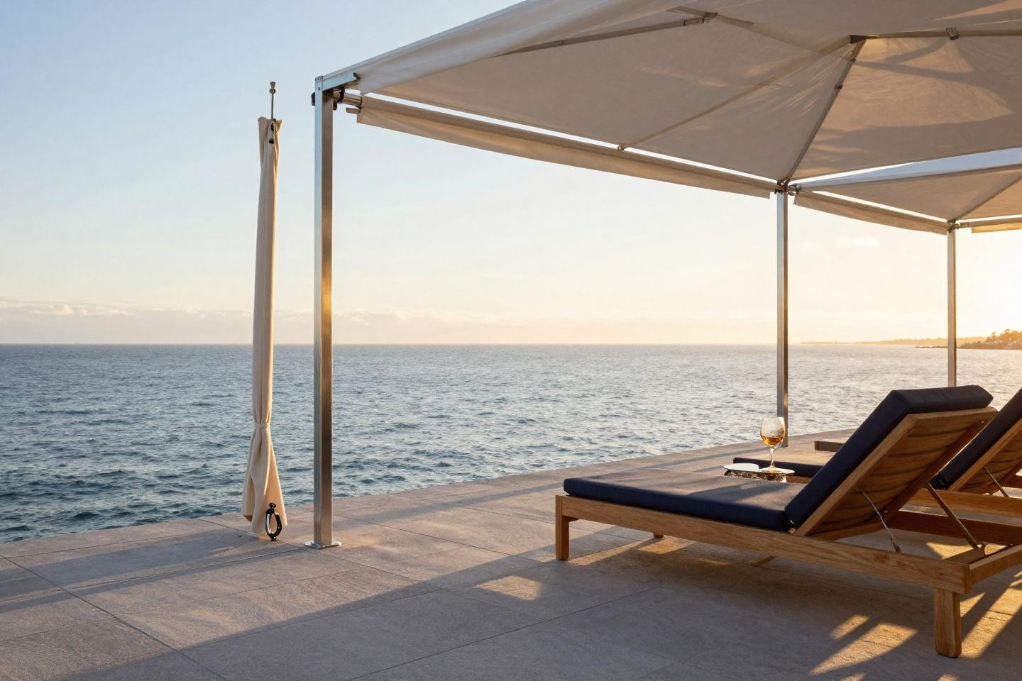patio design with oyster-white Sunbrella curtains framing ocean horizon