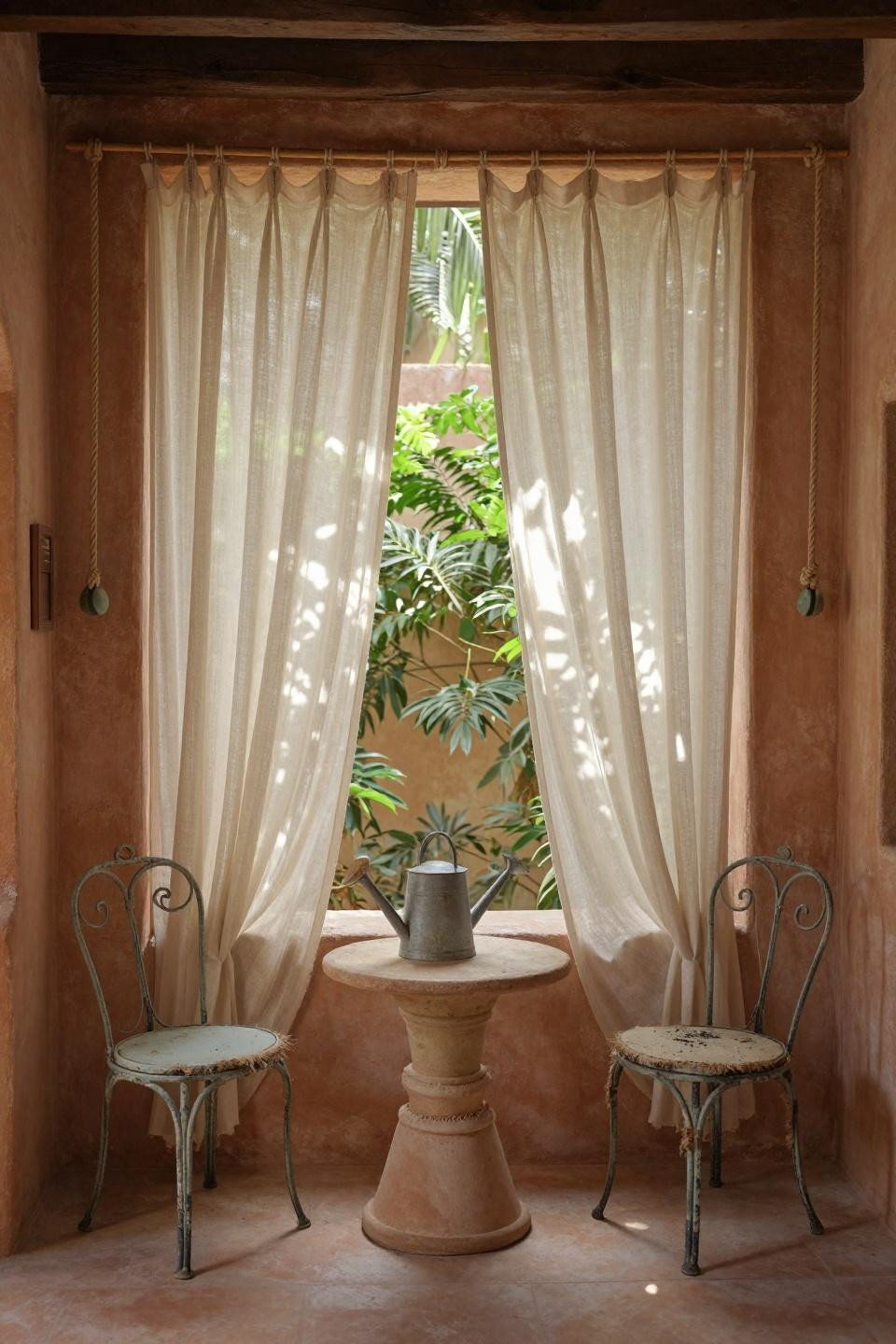 outdoor drapes in cream linen with rope-pulley on salvaged beam