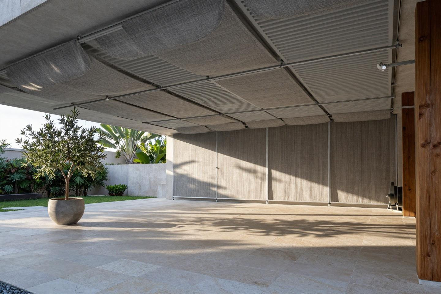 privacy screen outdoor with charcoal Belgian linen on motorized louver system