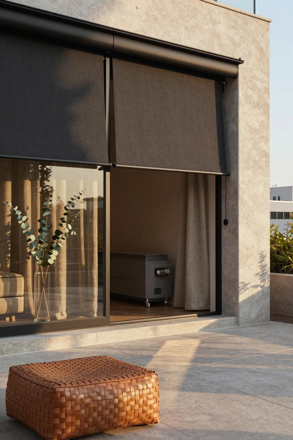 outdoor dining with charcoal motorized shade paired with natural linen curtains