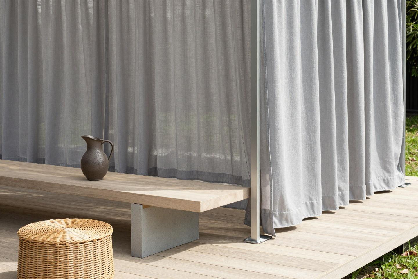 backyard oasis with smoke-grey translucent outdoor curtains on steel frame