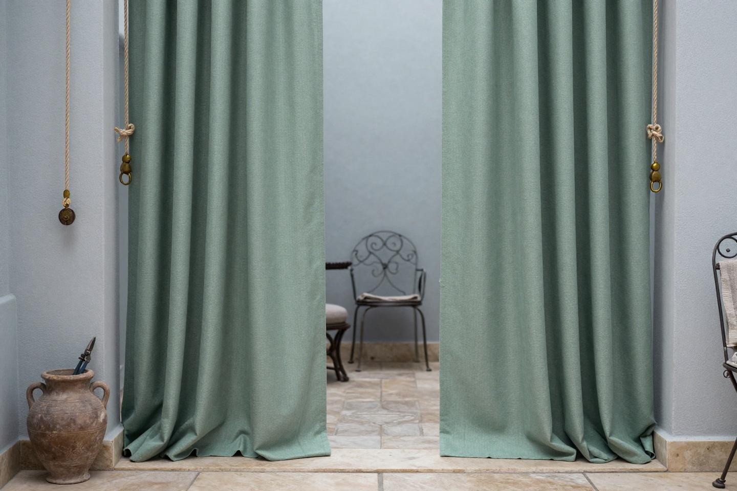 outdoor curtain ideas with sage-green panels on aged brass rod with pulley