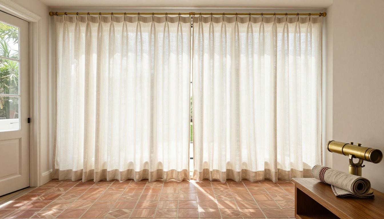 sunroom ideas with ivory sheer roller paired with sand linen curtains