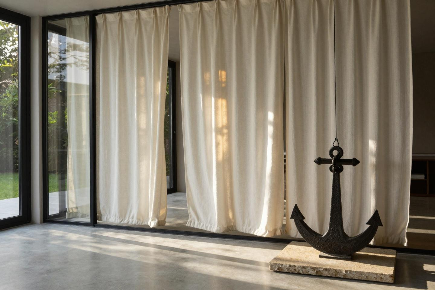 patio curtain ideas with oyster-white panels on matte-black aluminum cables