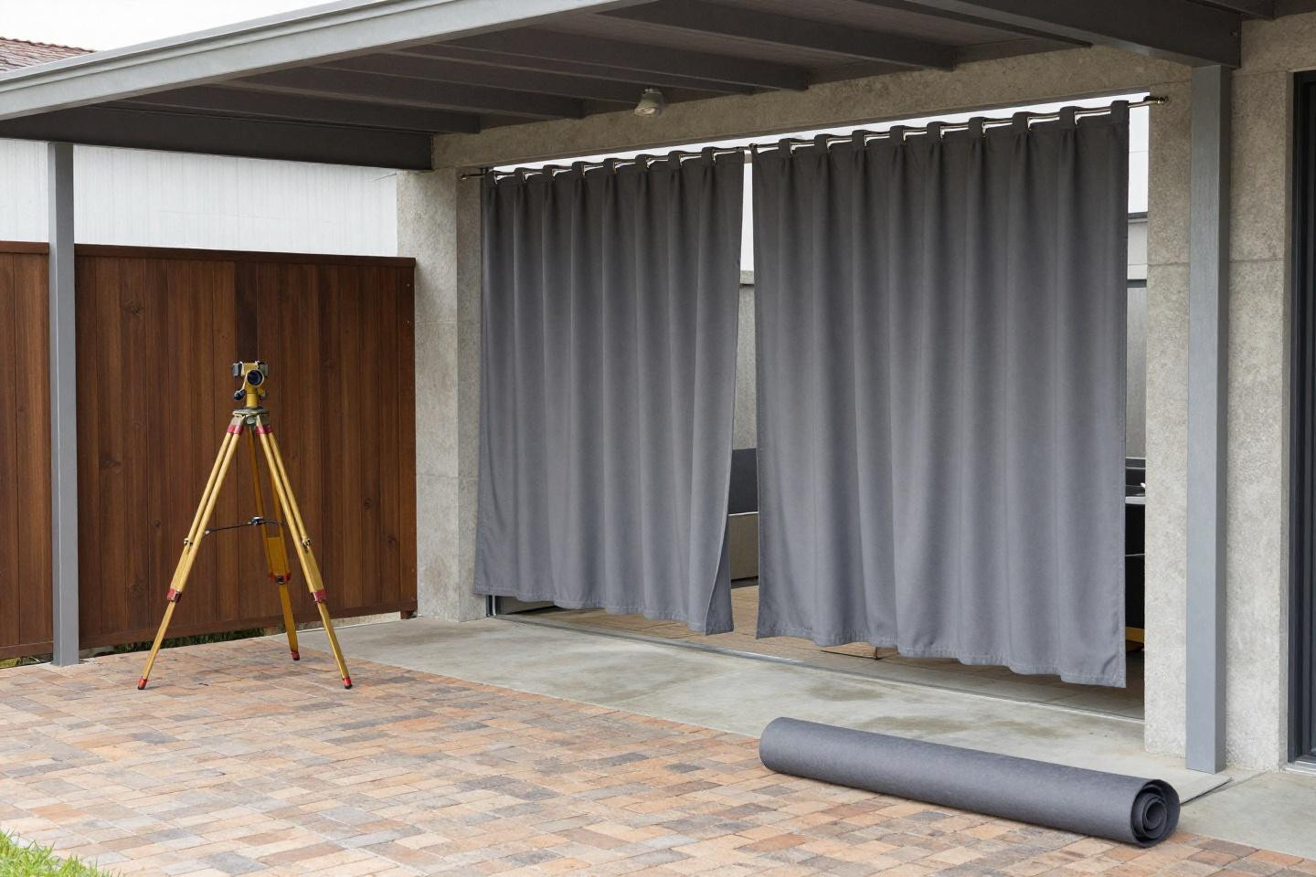 patio design with charcoal-grey curtains on brushed-nickel cable system