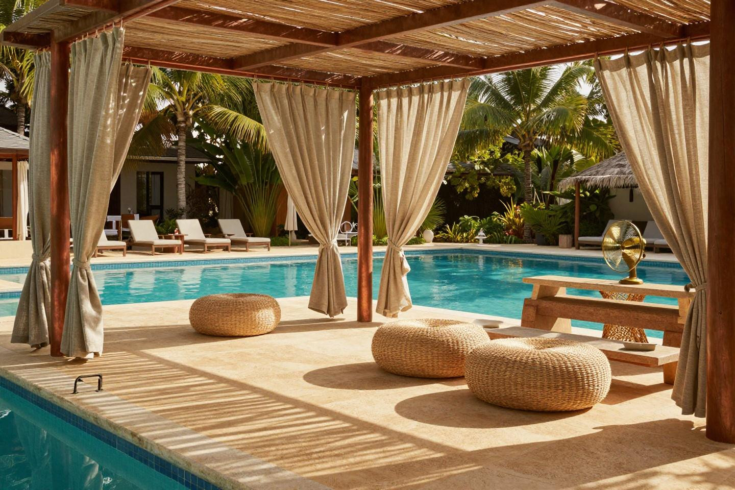outdoor drapes in warm taupe linen on weathered copper tubing