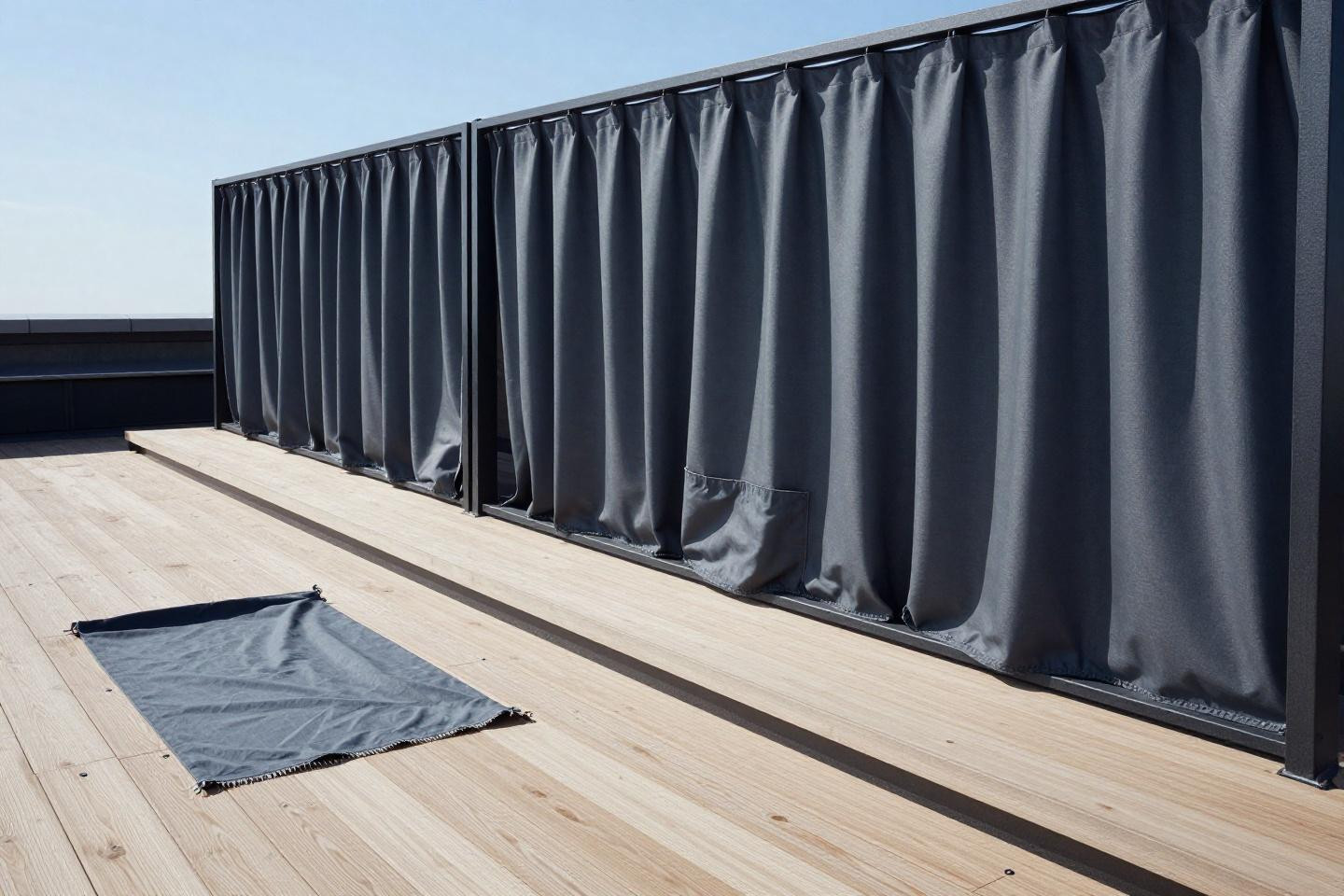 privacy screen outdoor with charcoal polyester curtains on blackened steel