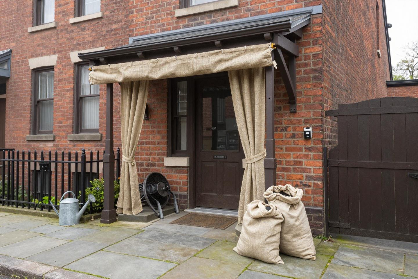 outdoor flooring with natural burlap curtains on motorized track system