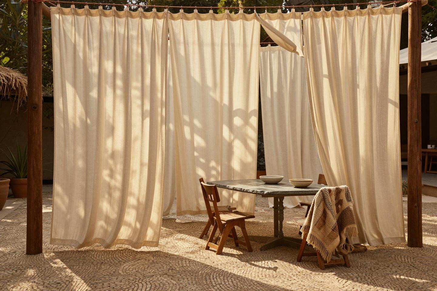 outdoor dining space with cream curtains on weathered copper cables