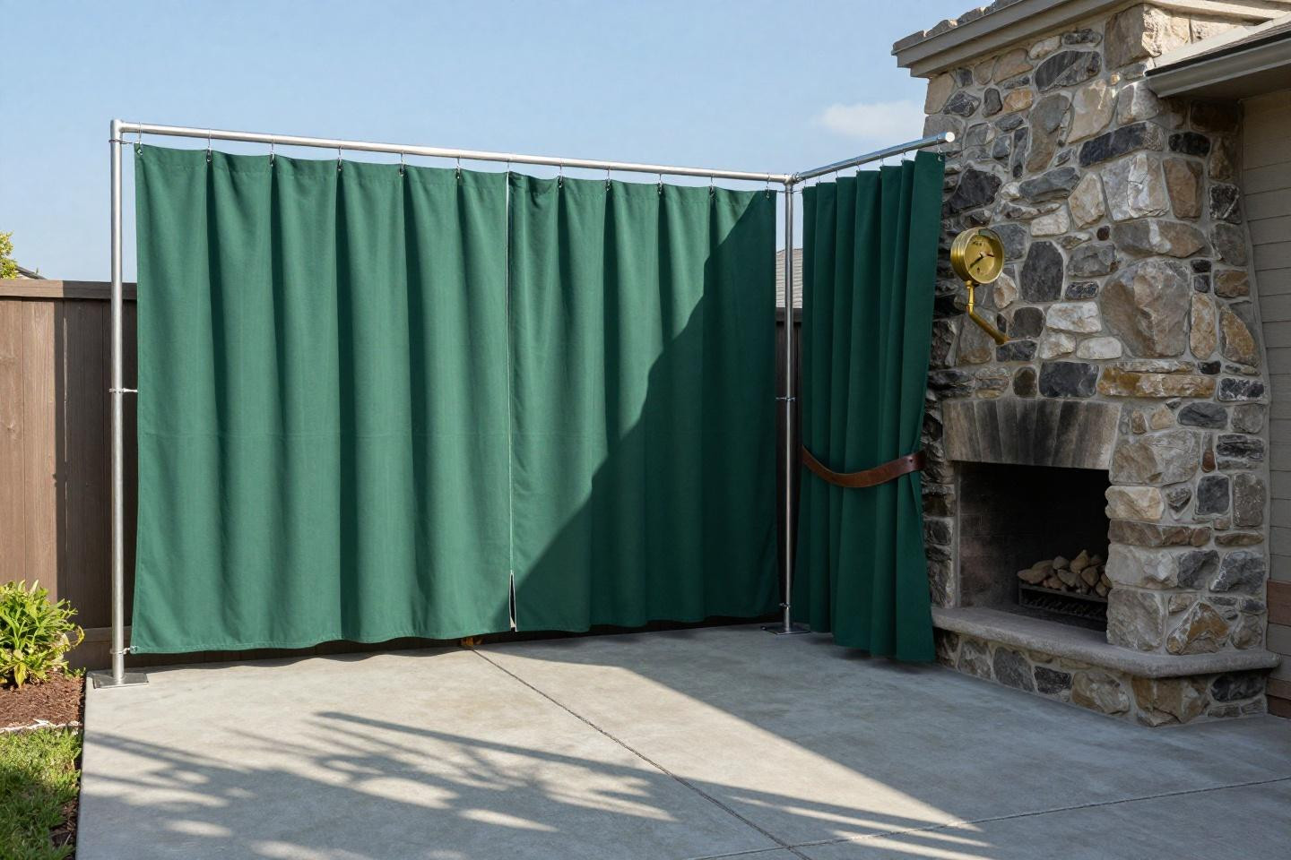 backyard oasis with forest-green blackout outdoor curtains on steel posts