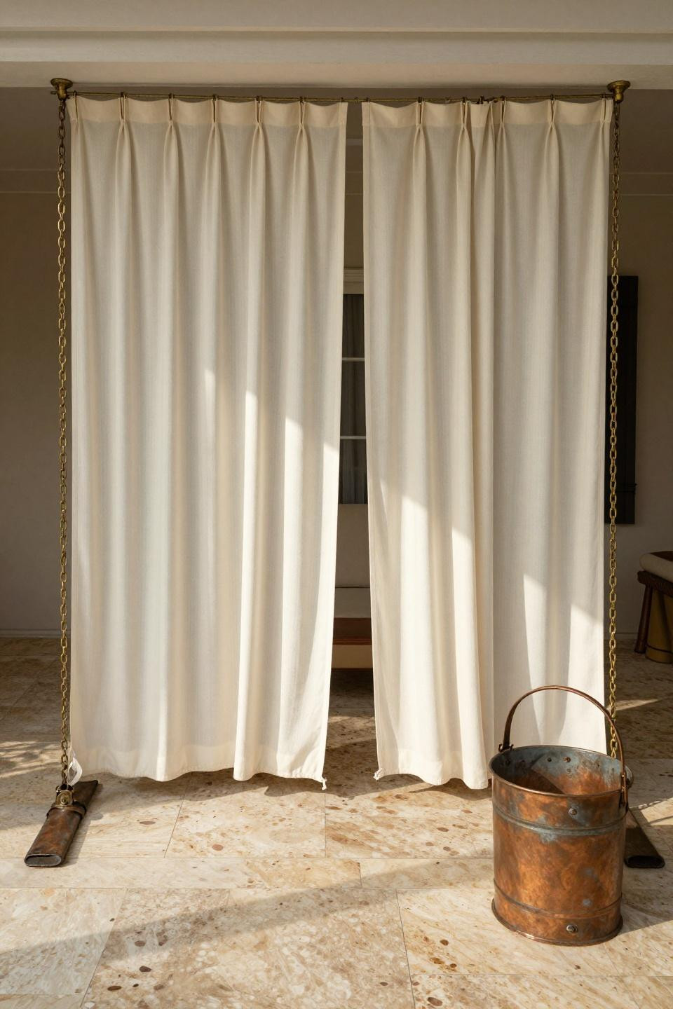 outdoor curtain ideas with cream panels on weathered brass chain system
