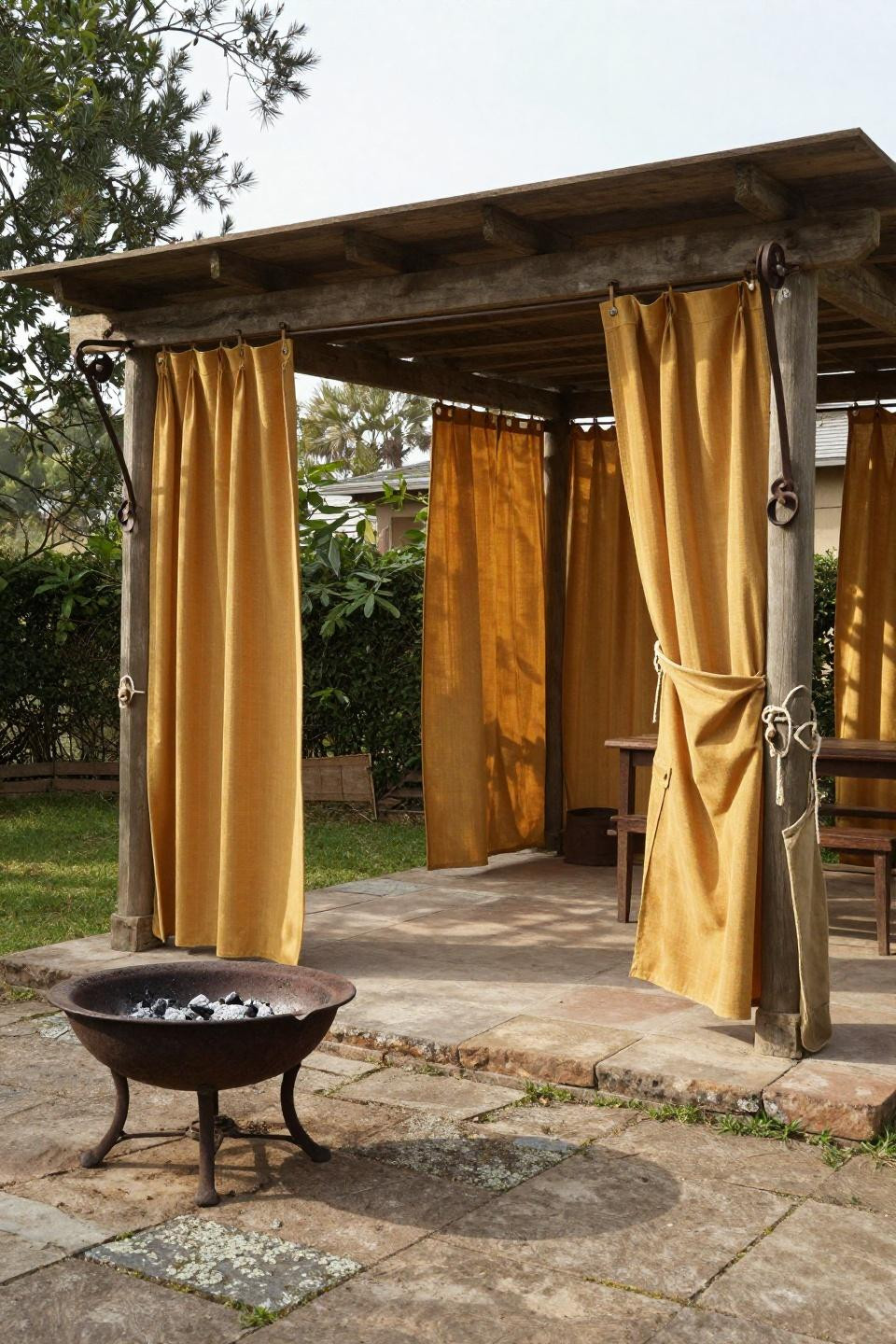 sunroom ideas with honey-gold outdoor curtains on salvaged pulley system