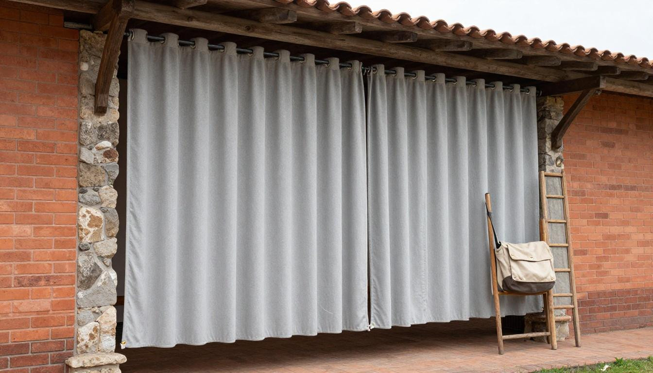 pergola patio with dove-grey outdoor curtains on wrought-iron rods