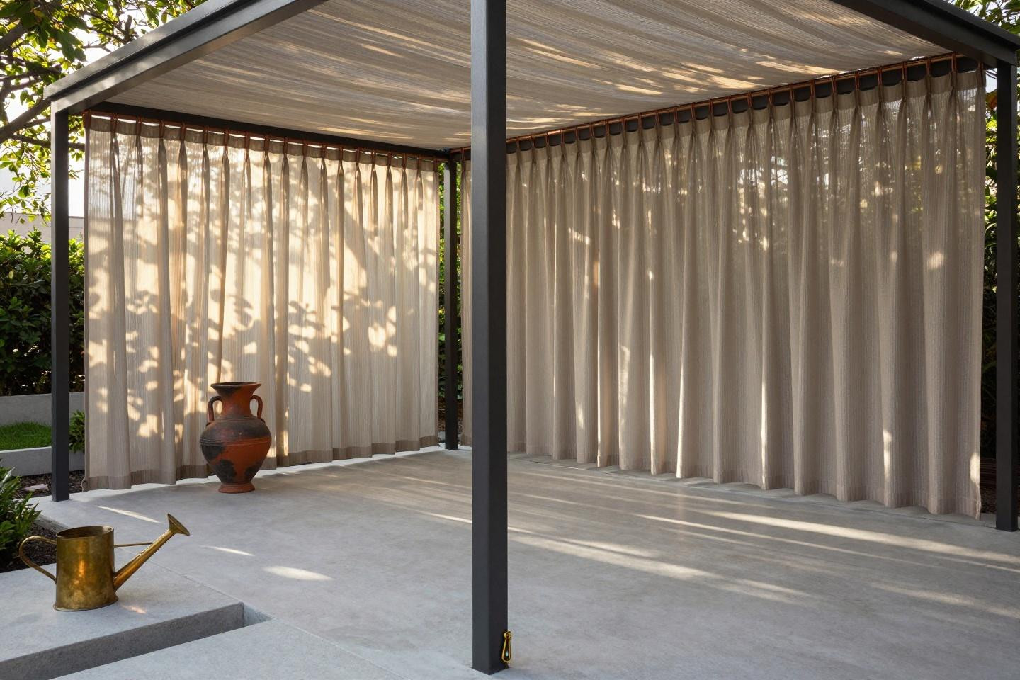 outdoor curtains for patio ideas with sand-toned solution-dyed polyester on copper rods