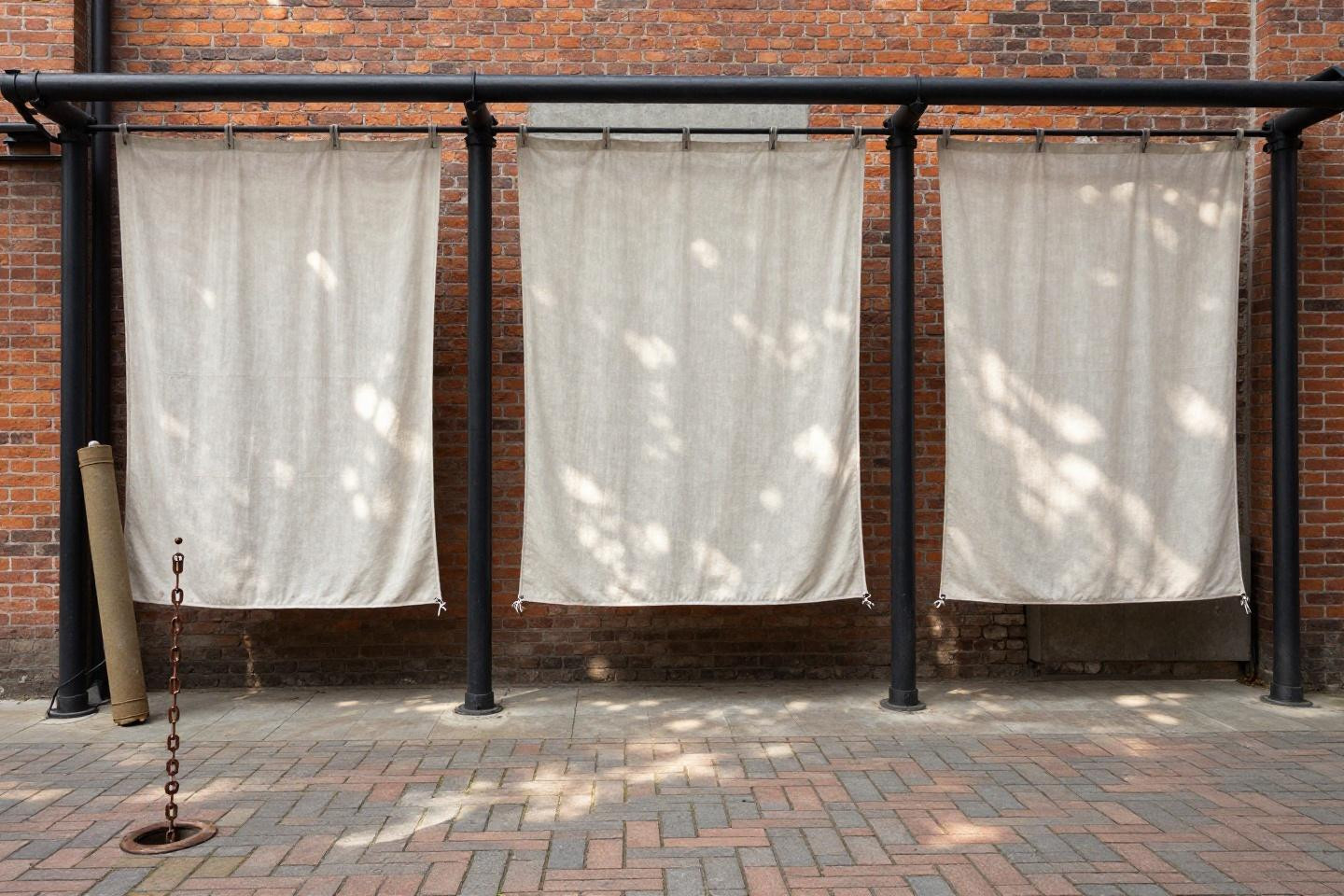 outdoor curtains for patio with unbleached heavyweight linen on blackened steel frame