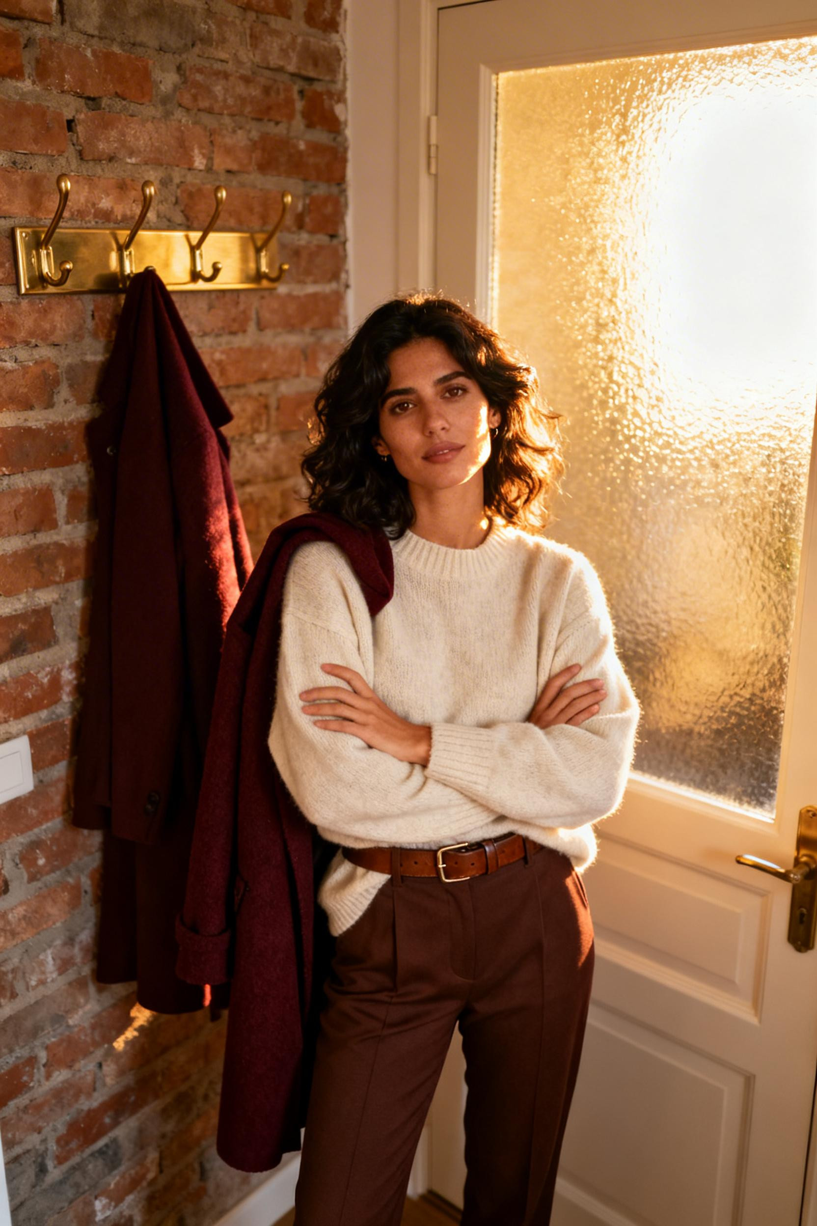 What To Wear With Brown Leggings - belted sweater entryway