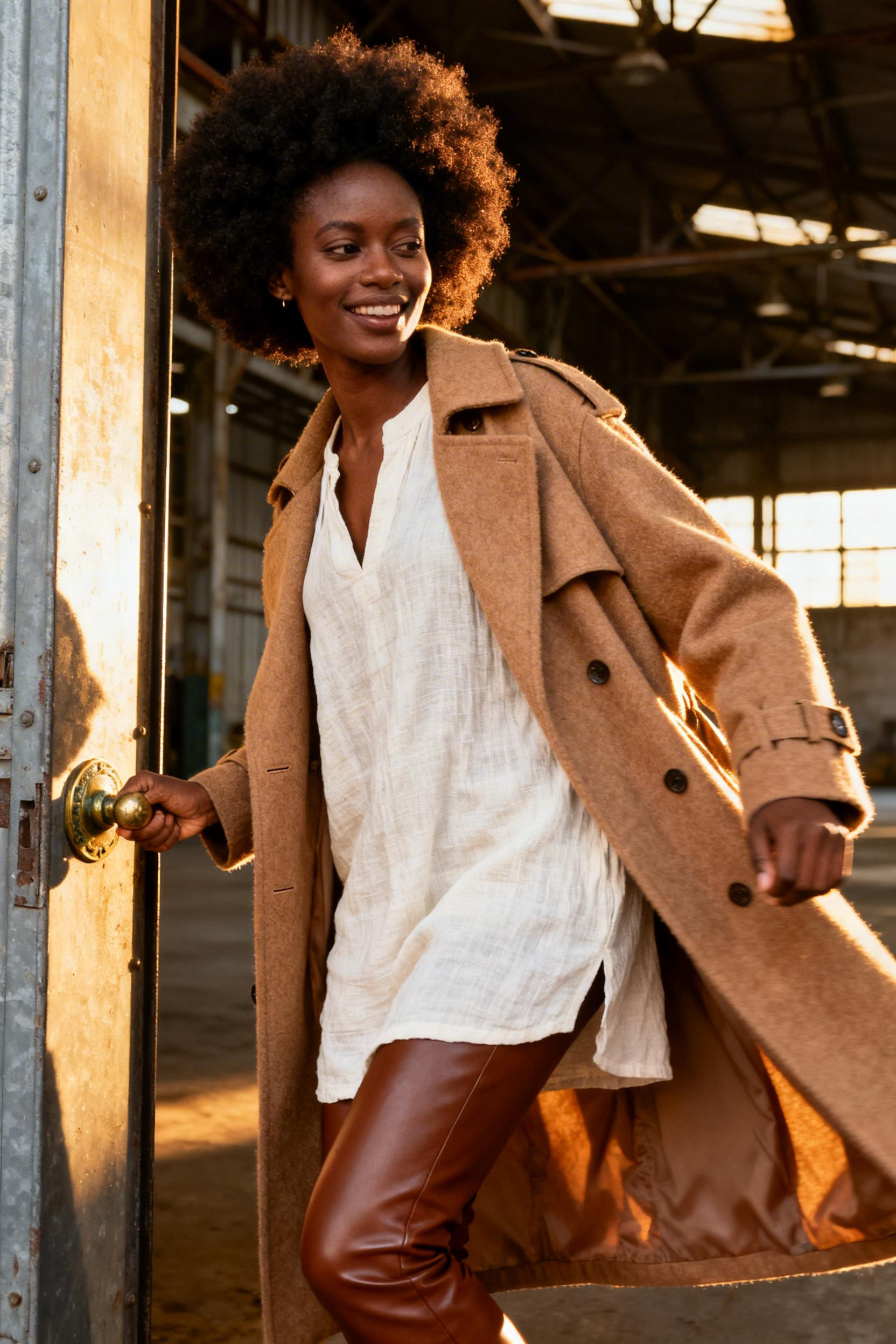 Nude Leggings Outfit - cream tunic trench