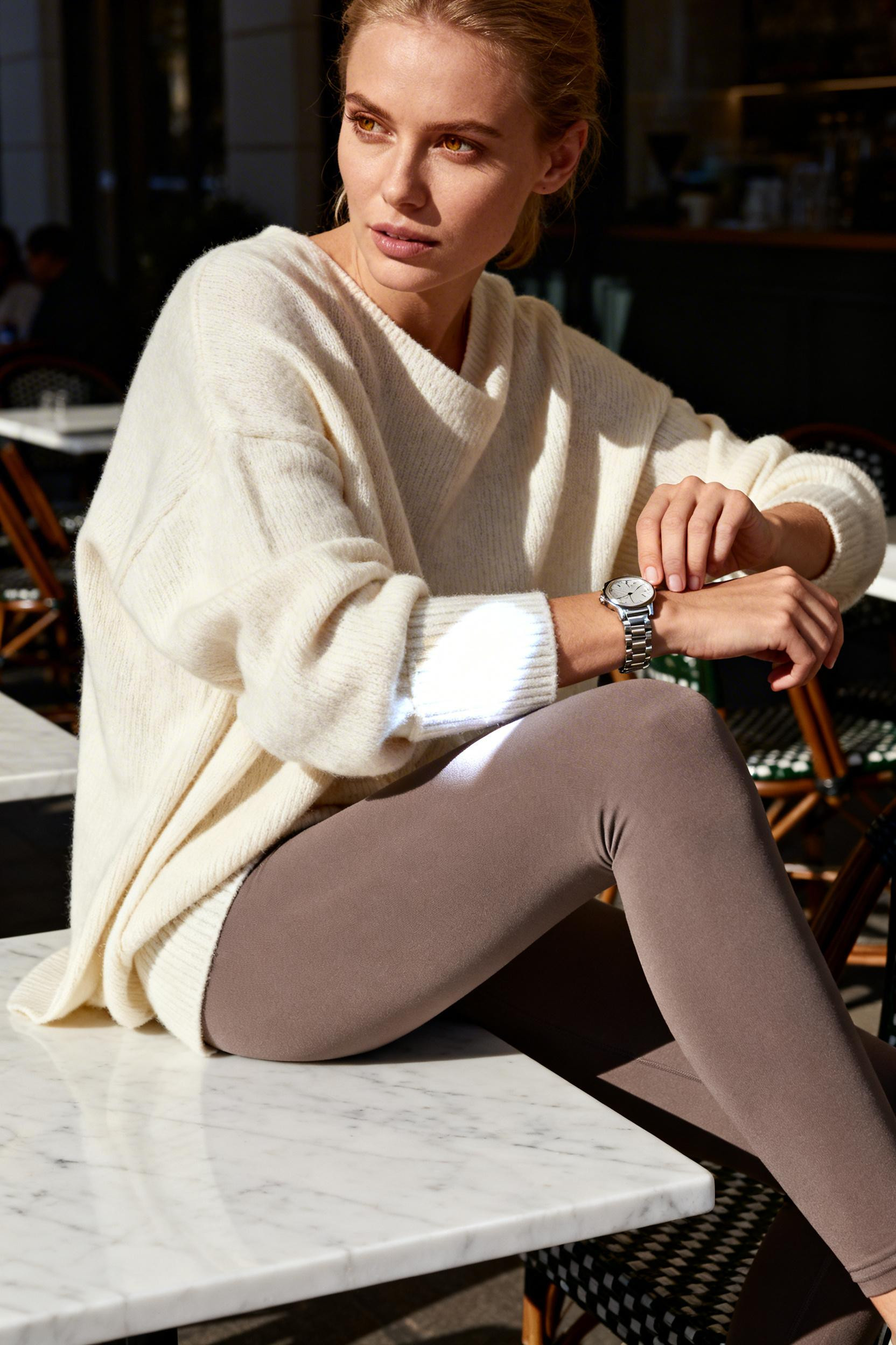 Beige Leggings Outfit Winter - wool sweater marble