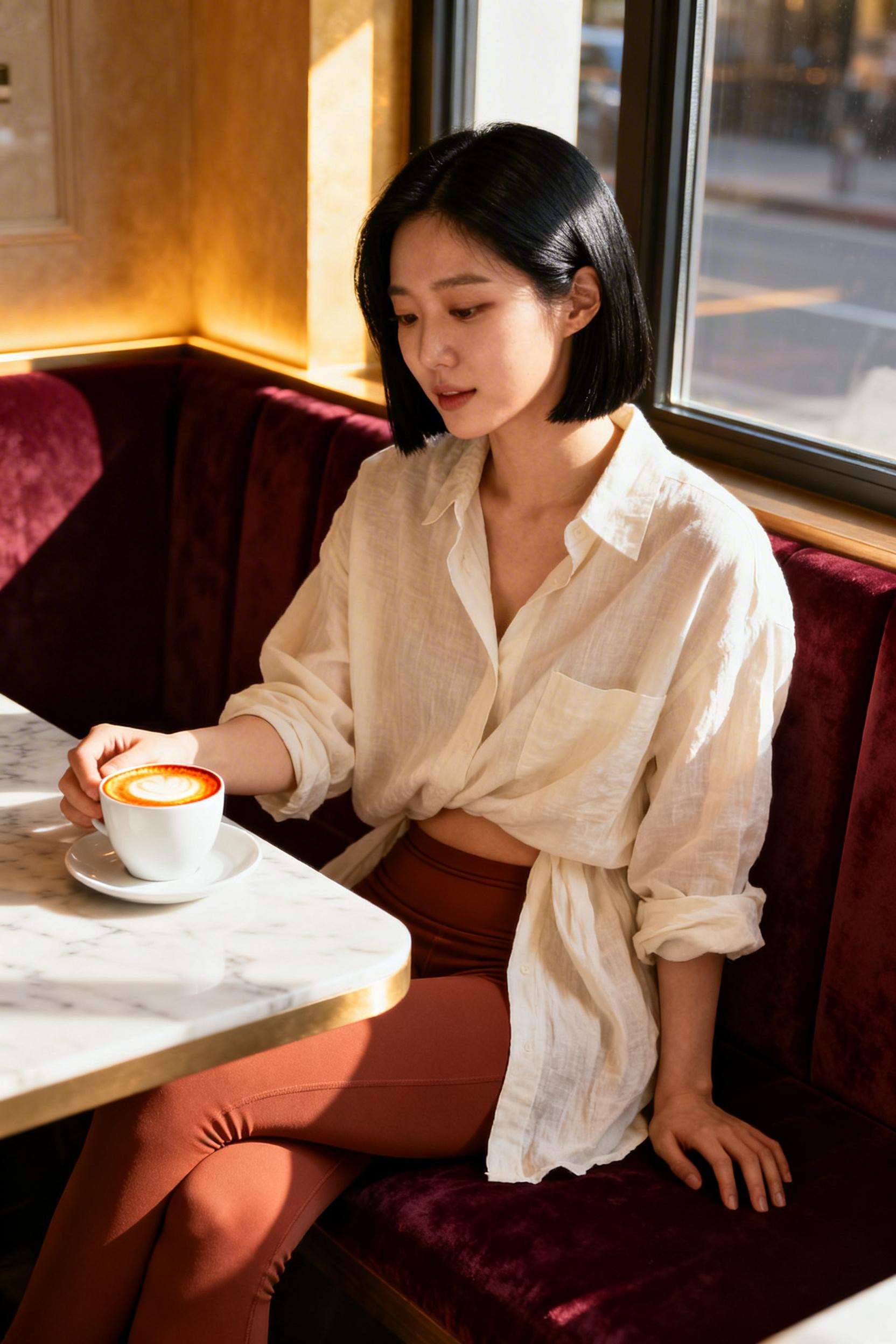 Tan Leggings Outfit - linen shirt café