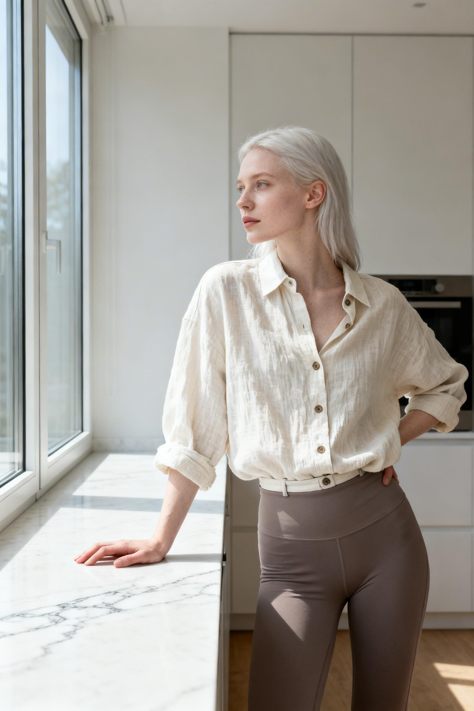 Taupe Leggings Outfit - linen button-up kitchen