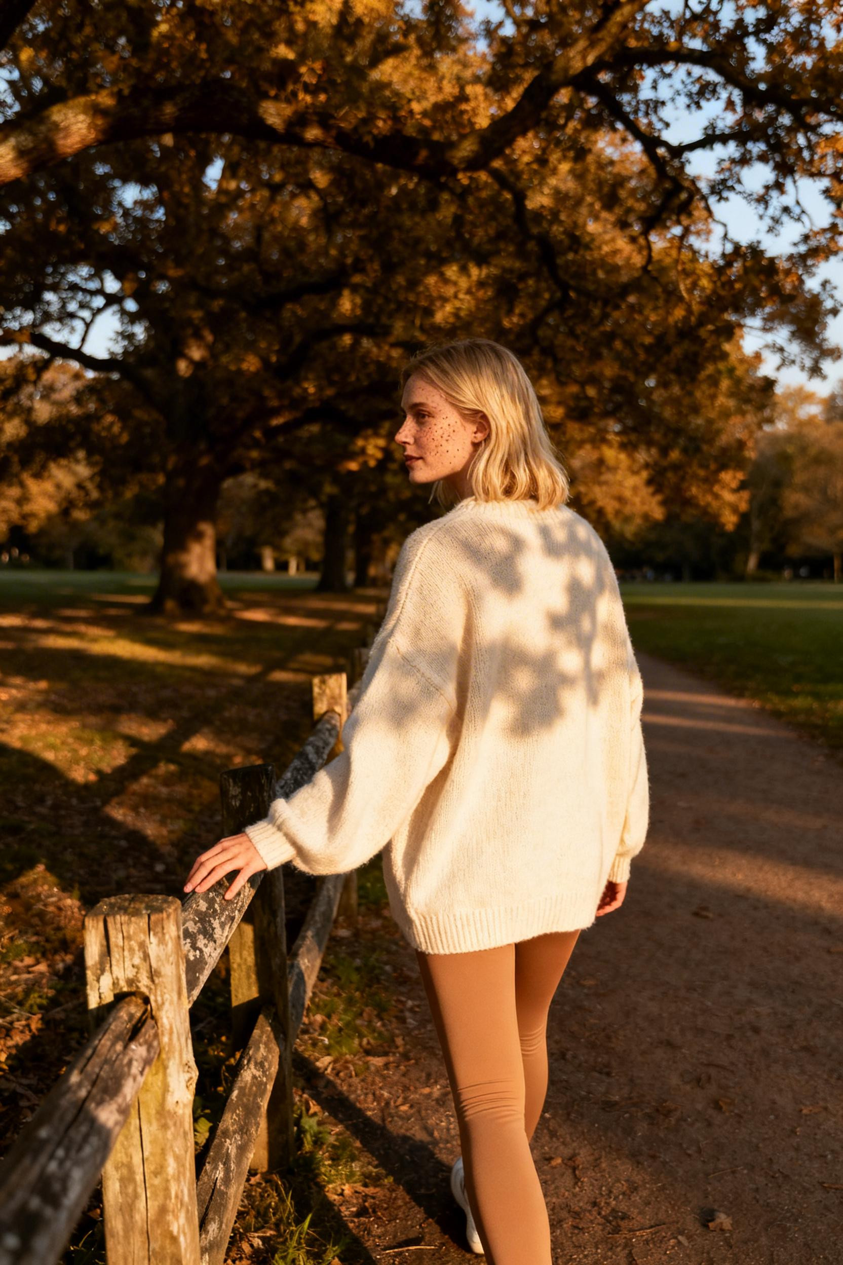 Nude Leggings Outfit - wool sweater park path